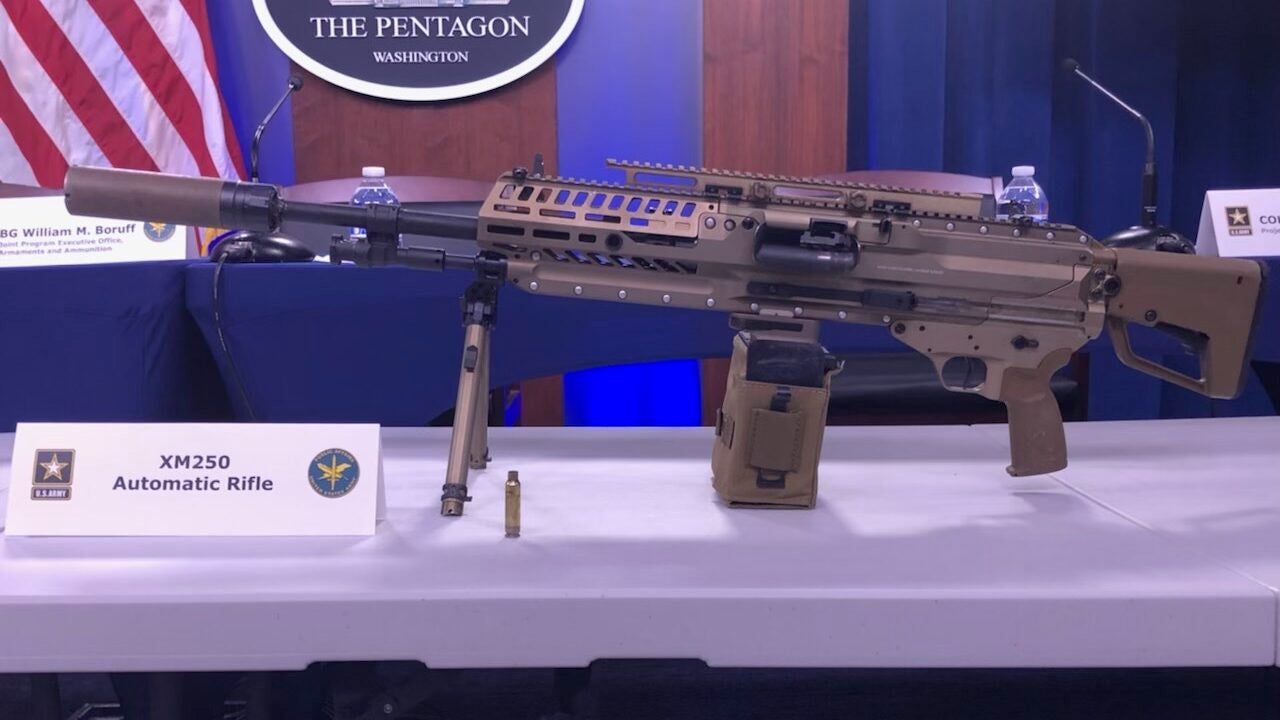The Next Generation Squad Weapon on display during a Pentagon news conference. (Jeff Schogol/Task & Purpose)