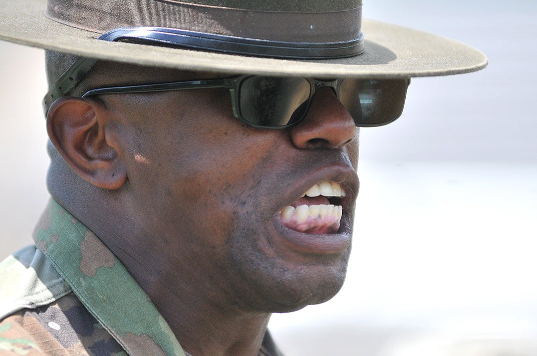 Staff Sgt. Robert Brown, a Papa Company, 244th Quartermaster Battalion drill sergeant, tries to motivate his charges during the Soldier Stakes Competition May 14 at Williams Stadium.