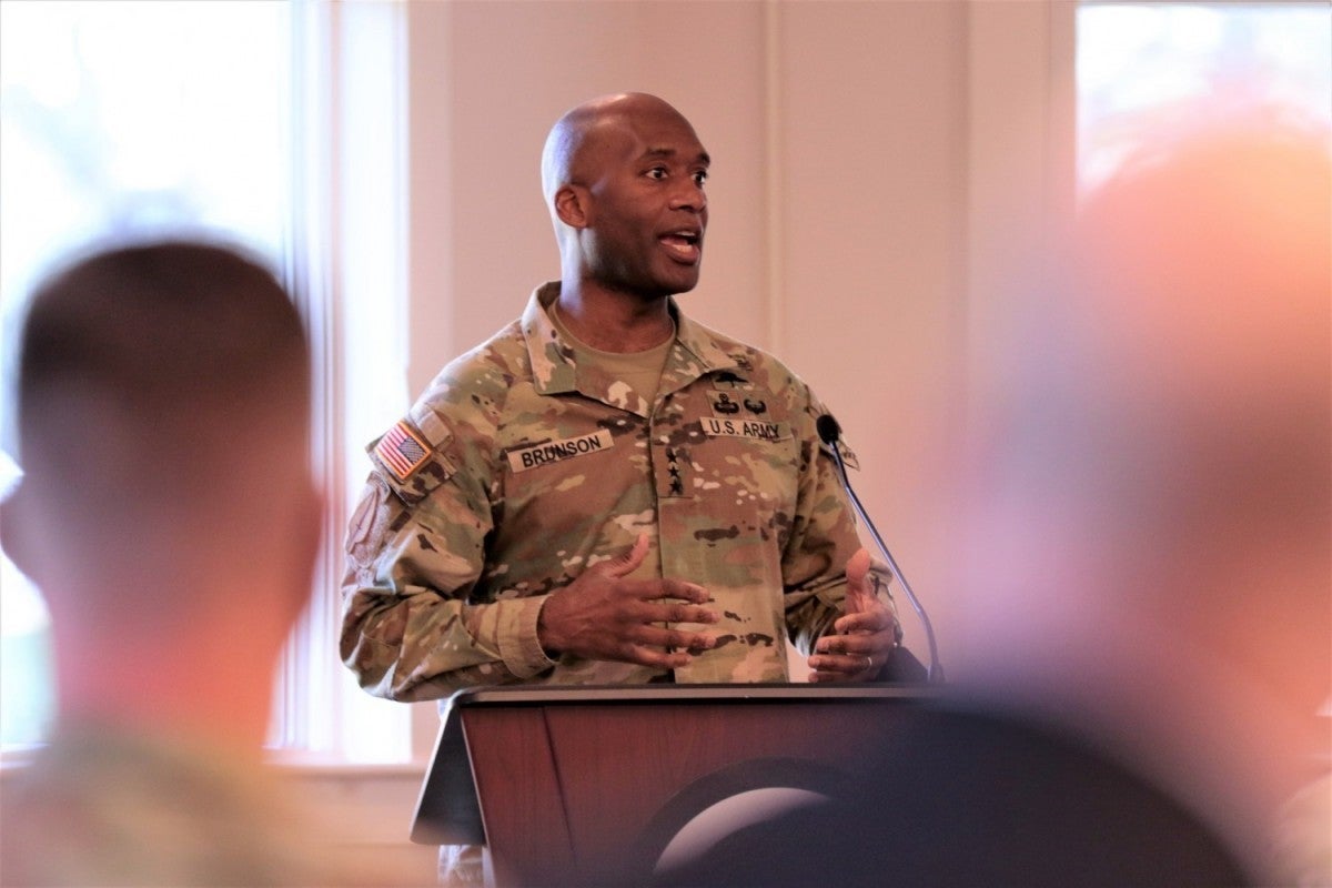 Lieutenant General Xavier Brunson, commanding general of I Corps, delivers commentary at the 2022 Civilian Hall of Fame ceremony at Joint Base Lewis-McChord.