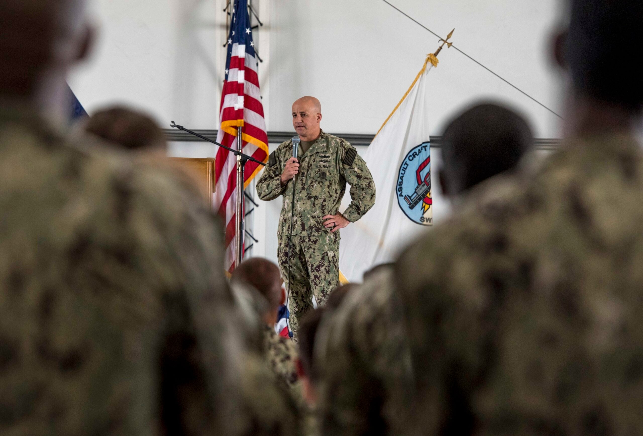 190712-N-UV609-0235 CAMP PENDELTON, Calif (July 12, 2019) Master Chief Petty Officer of the Navy Russell Smith  speaks to Sailors assigned to Assault Craft Unit 5 (ACU 5) during an all hands call July 12. During the visit, Smith highlighted the importance of readiness across the Blue-Green team, and the value of amphibious capabilities. (U.S. Navy photo by Mass Communication Specialist 2nd Class David Mora Jr.)