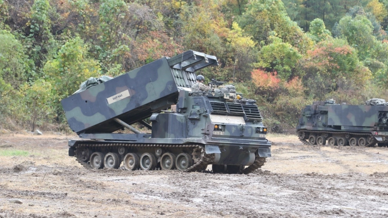 A Multiple Launch Rocket System operated by the 210th Field Artillery Brigade  prepares for a live fire test in South Korea. (U.S. Army) 