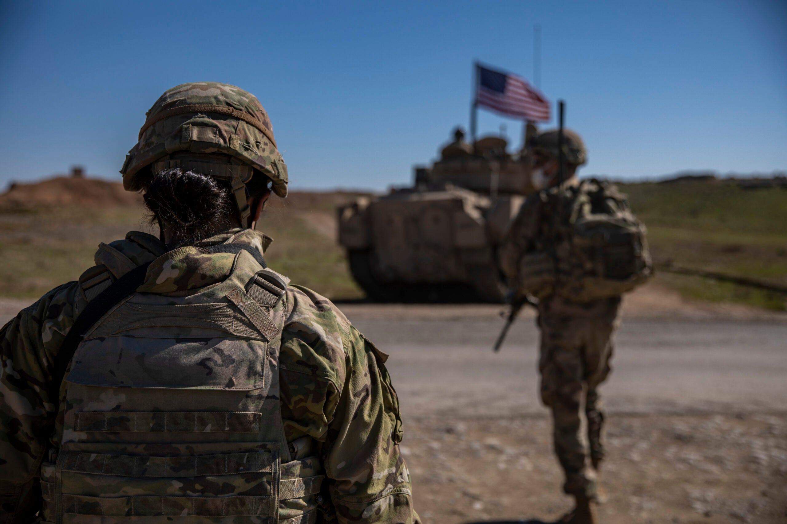 U.S. Soldiers, with Alpha Company, 1st Battalion, 6th Infantry Regiment, 2nd Armored Brigade Combat Team, 1st Armored Division, conduct area reconnaissance in the Central Command (CENTCOM) area of responsibility, Feb. 22, 2021. The soldiers are in Syria to support the Combined Joint Task Force-Operation Inherent Resolve (CJTF-OIR) mission. CJTF remains committed to working by, with, and through our partners to ensure the enduring defeat of Daesh. (U.S. Army photo by Spc. Jensen Guillory)