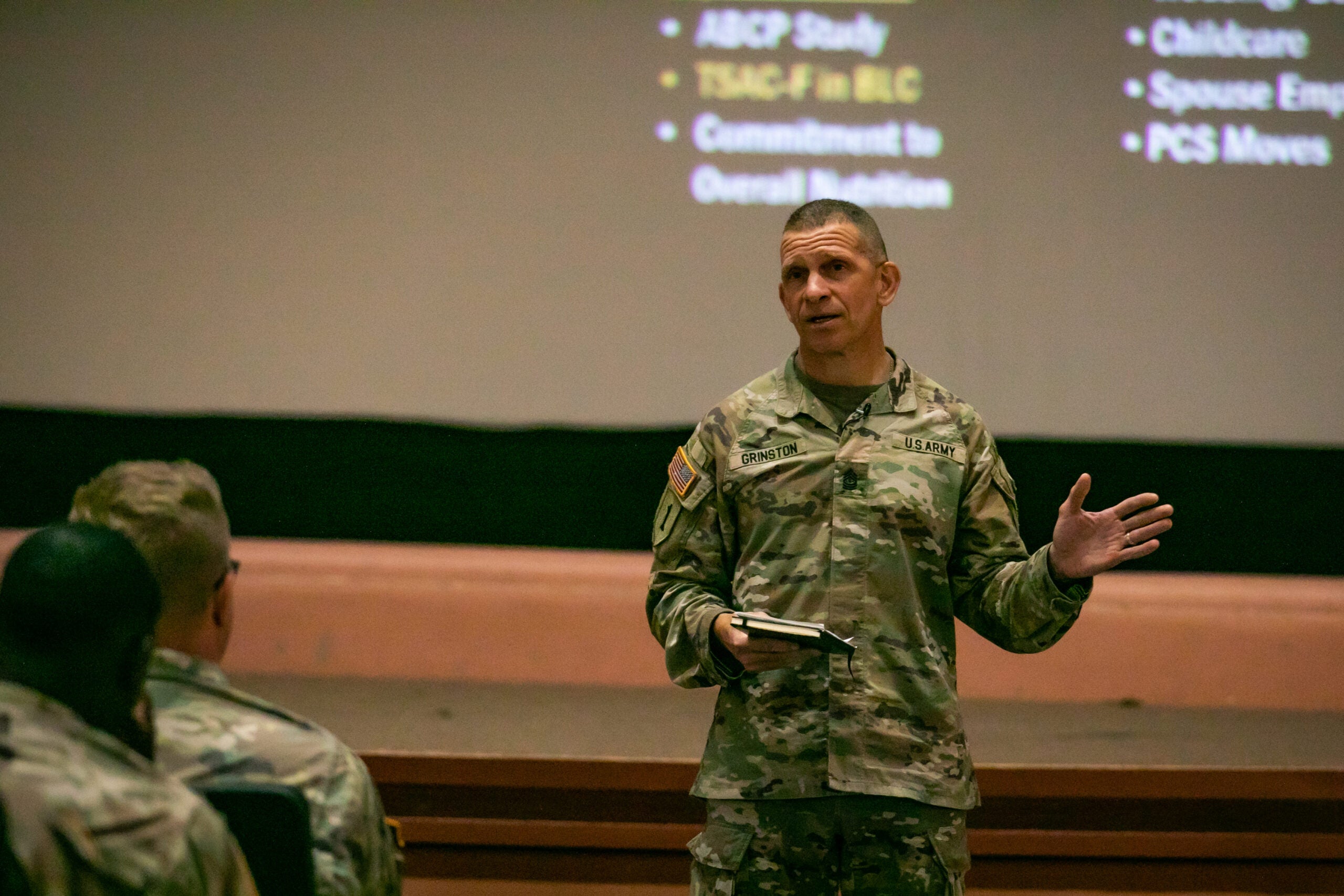 Sgt. Maj. of the Army Michael A. Grinston discusses Army initiatives during a town hall with Soldiers from the 25th Infantry Division on Schofield Barracks, Oahu, Hawaii, May 18, 2022. (Sgt. Rachel Christensen/U.S. Army)