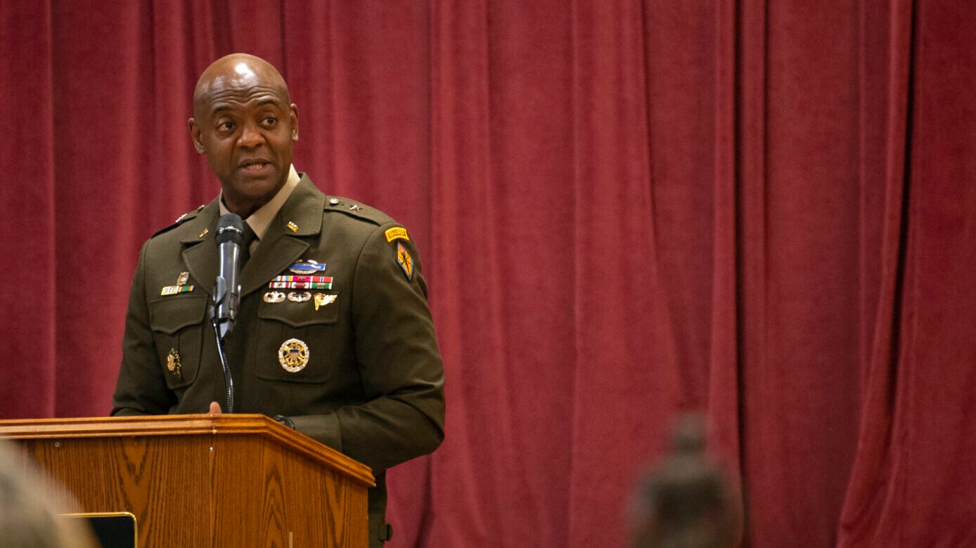 FILE: Fort Jackson Commander Brig. Gen. Milford H. 'Beags' Beagle Jr. speaks during the Fort Jackson Hall of Fame Induction Ceremony April 22 at the NCO Club on post. (Robert Timmons/U.S. Army)