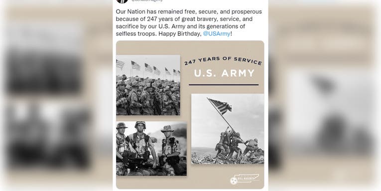US Senator celebrates Army birthday with photo of Marines raising the flag at Iwo Jima