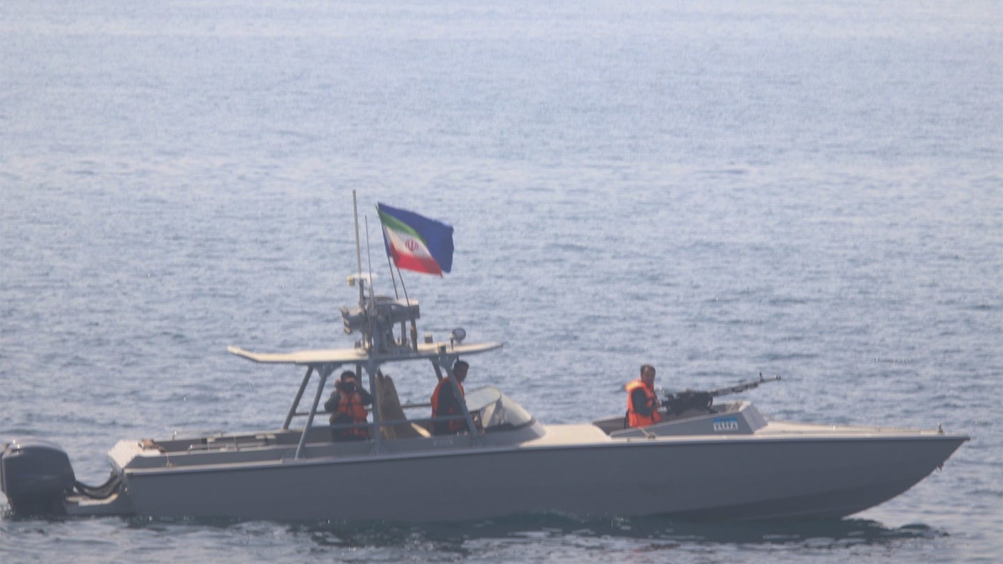 Iran’s Islamic Revolutionary Guard Corps Navy (IRGCN) operating in an unsafe and unprofessional manner in close proximity to patrol coastal ship USS Sirocco (PC 6) and expeditionary fast transport USNS Choctaw County (T-EPF 2) in the Strait of Hormuz, June 20. (Photo courtesy U.S. 5th Fleet)