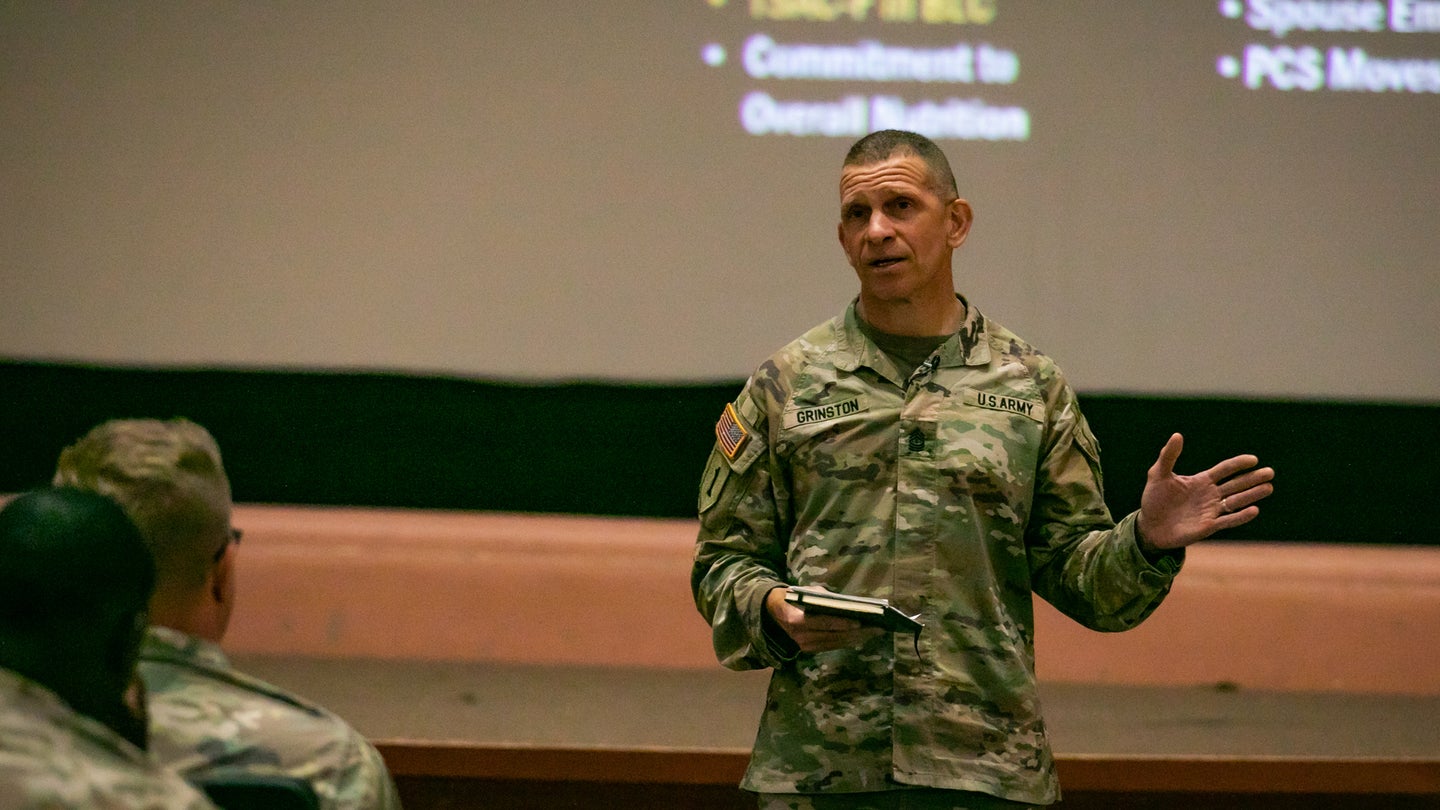 Sgt. Maj. of the Army Michael A. Grinston discusses Army initiatives during a town hall with Soldiers from the 25th Infantry Division on Schofield Barracks, Oahu, Hawaii, May 18, 2022. (Sgt. Rachel Christensen/U.S. Army)
