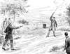 John Randolph of Roanoke and Henry Clay duel at Arlington, Virginia, USA (circa 19th century). Vintage etching circa late 19th century. Randolph refusing to take part, fired into the air.