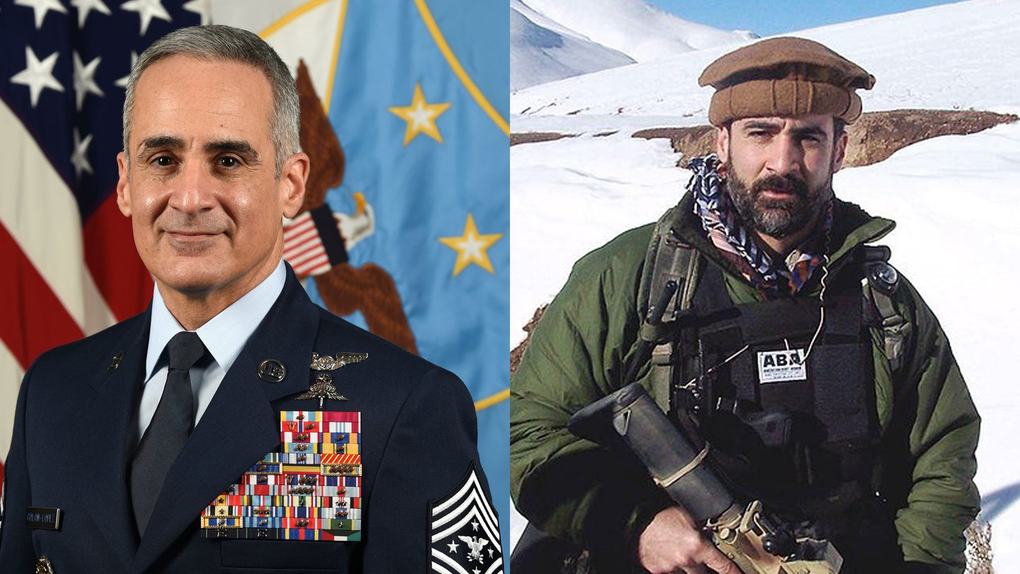 Senior Enlisted Advisor to the Chairman Ramón Colón-López, left, alongside a photo of himself from when he served as an Air Force pararescueman, right. Colón-López recently took to Facebook to implore service members to seek help related to mental health should they need it.