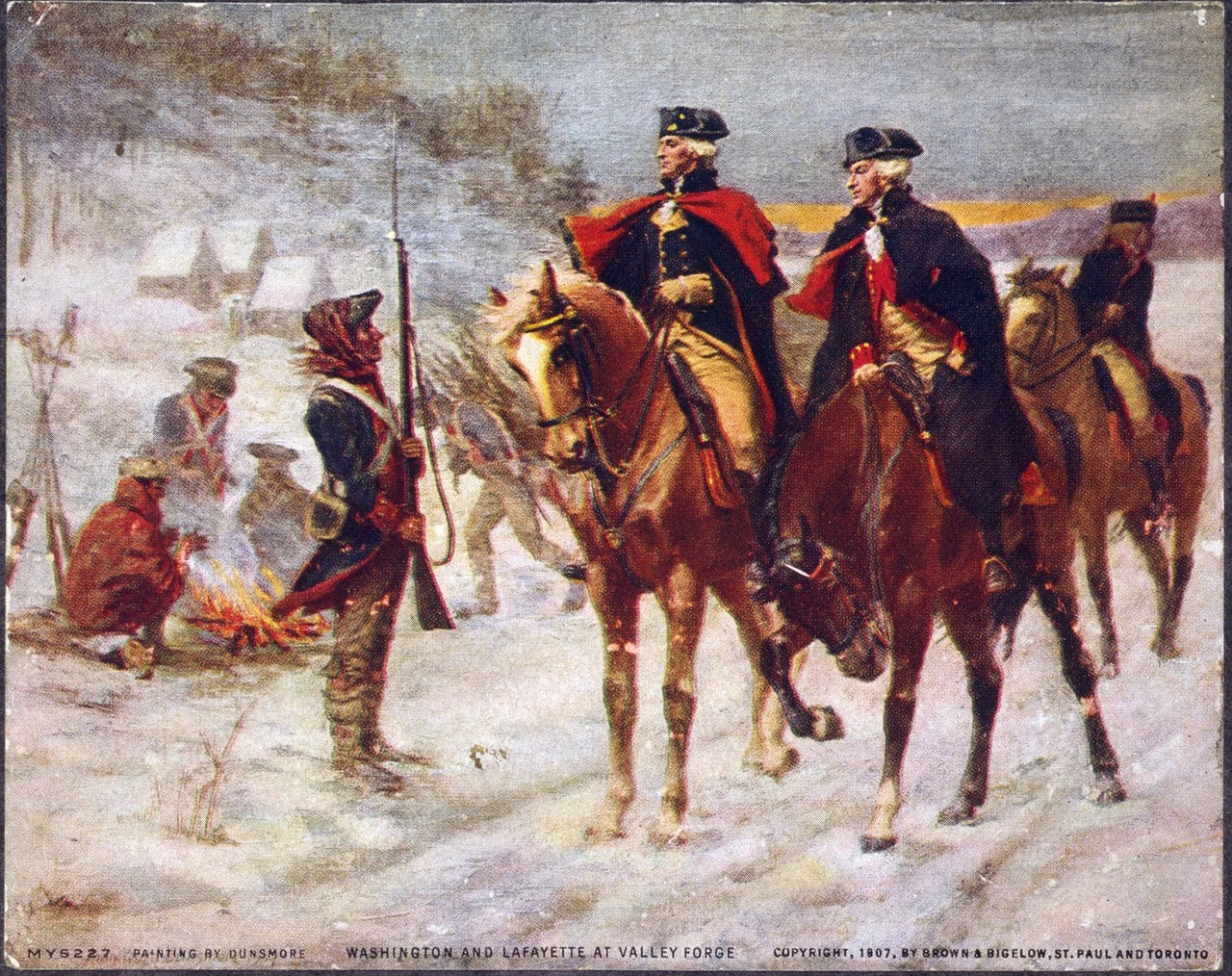 A painting depicting George Washington and the Marquis de Lafayette at the Valley Forge winter camp. (John Ward Dunsmore, Public domain, via Wikimedia Commons)