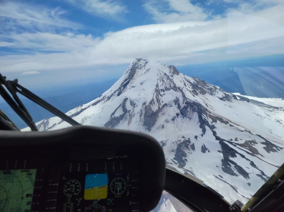 The view of Mount Hood from the Black Hawk cockpit. (Photo courtesy Chief Warrant Officer 3 Michael Newgard)