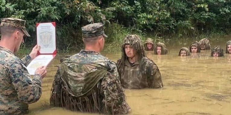 We salute this Marine for having a promotion ceremony in the muck
