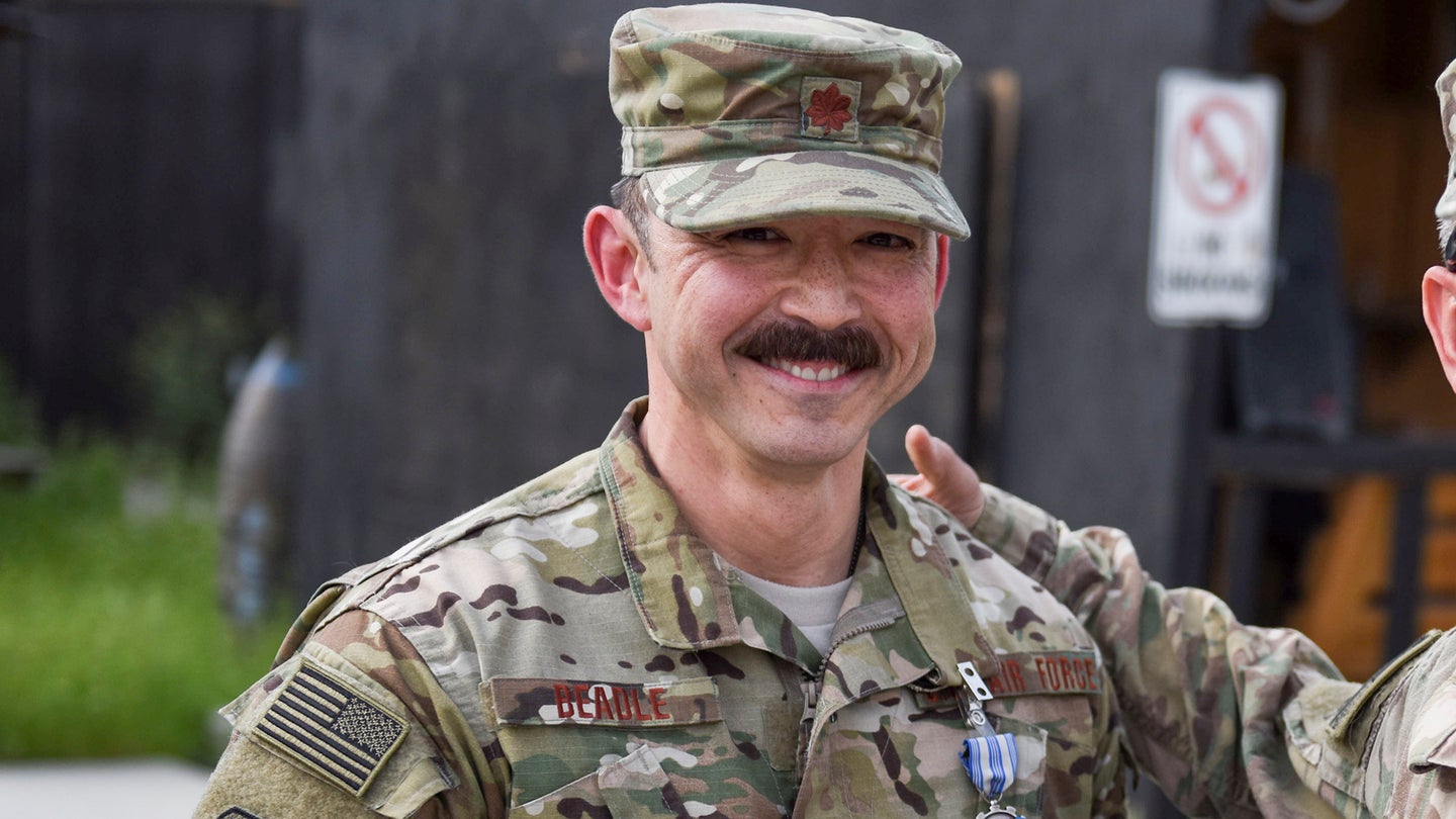Then-Maj. Kenneth Beadle, a physicians assistant from the 455th Expeditionary Medical Group, after being awarded the Air Force Achievement Medal for his part in the recovery of wreckage from an F-16 crash, which took place March 29, 2016 outside Bagram Airfield, Afghanistan. (Capt. Bryan Bouchard/U.S. Air Force)