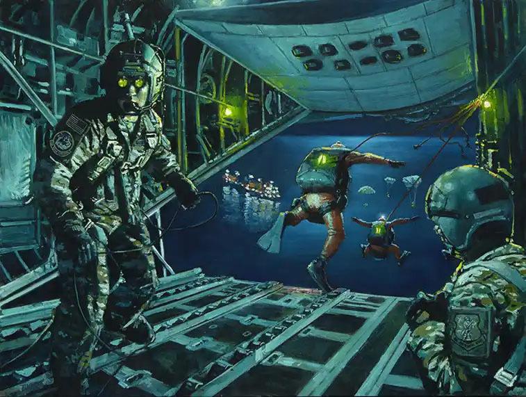 This painting, by New Jersey Artist Todd L.W. Doney,commemorates a 2017 rescue mission in which Airmen assigned to the New York Air National Guard's 106th Rescue Wing flew 1,200 miles out into the Atlantic to save the lives of two sailors on the Slovinian freighter Tamar. (Courtesy Todd L.W. Doney)