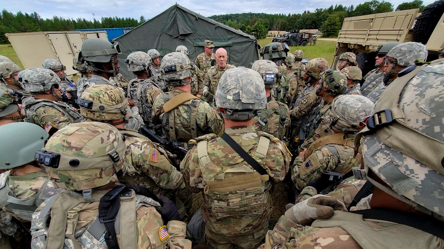 Then-Lt. Gen. Charles D. Luckey, commanding general of the U.S. Army Reserve Command, talks to troops during a Combat Support Training Exercise at Fort McCoy, Wisconsin, Aug. 14, 2019. (Master Sgt. Michel Sauret/U.S. Army Reserve)