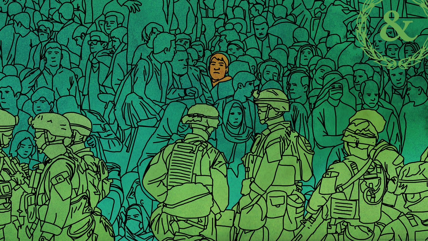 Marines guarding the gate at Hamid Karzai International Airport search for an Afghan interpreter in the crowd. (Task and Purpose Illustration by Aaron Provost)
