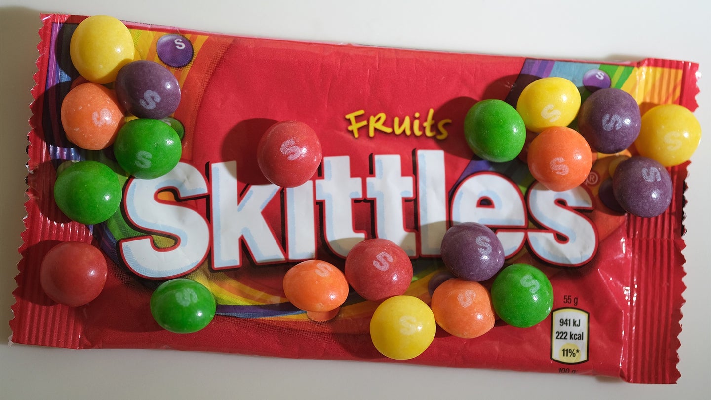 A package of Skittles, a fruit-flavored candy, produced by Wrigley Company, a division of Mars, Inc., is seen in this illustration photo on May 19, 2020 in Katwijk, Netherlands. (Yuriko Nakao/Getty Images)