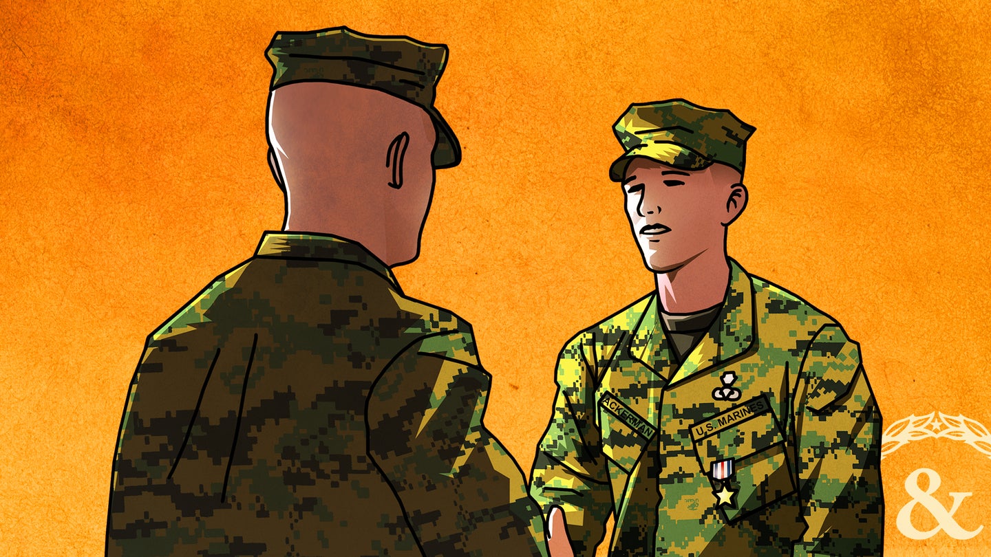 Elliot Ackerman receives Silver Star for actions in Fallujah, Iraq, Nov. 10-15, 2004. (Task & Purpose illustration by Aaron Provost)