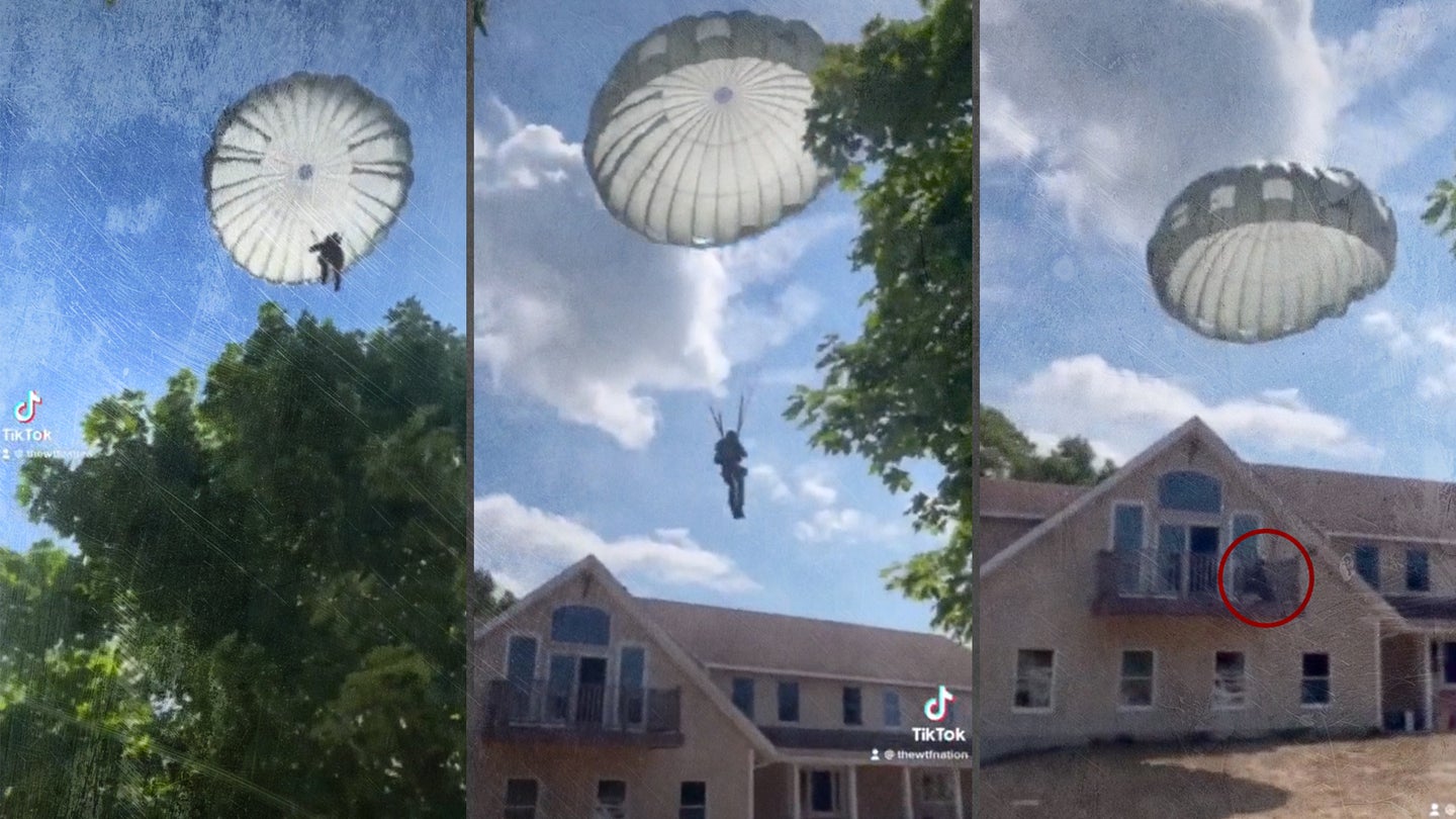 A paratrooper lands on a house's second-story balcony. (Screenshots via TikTok)