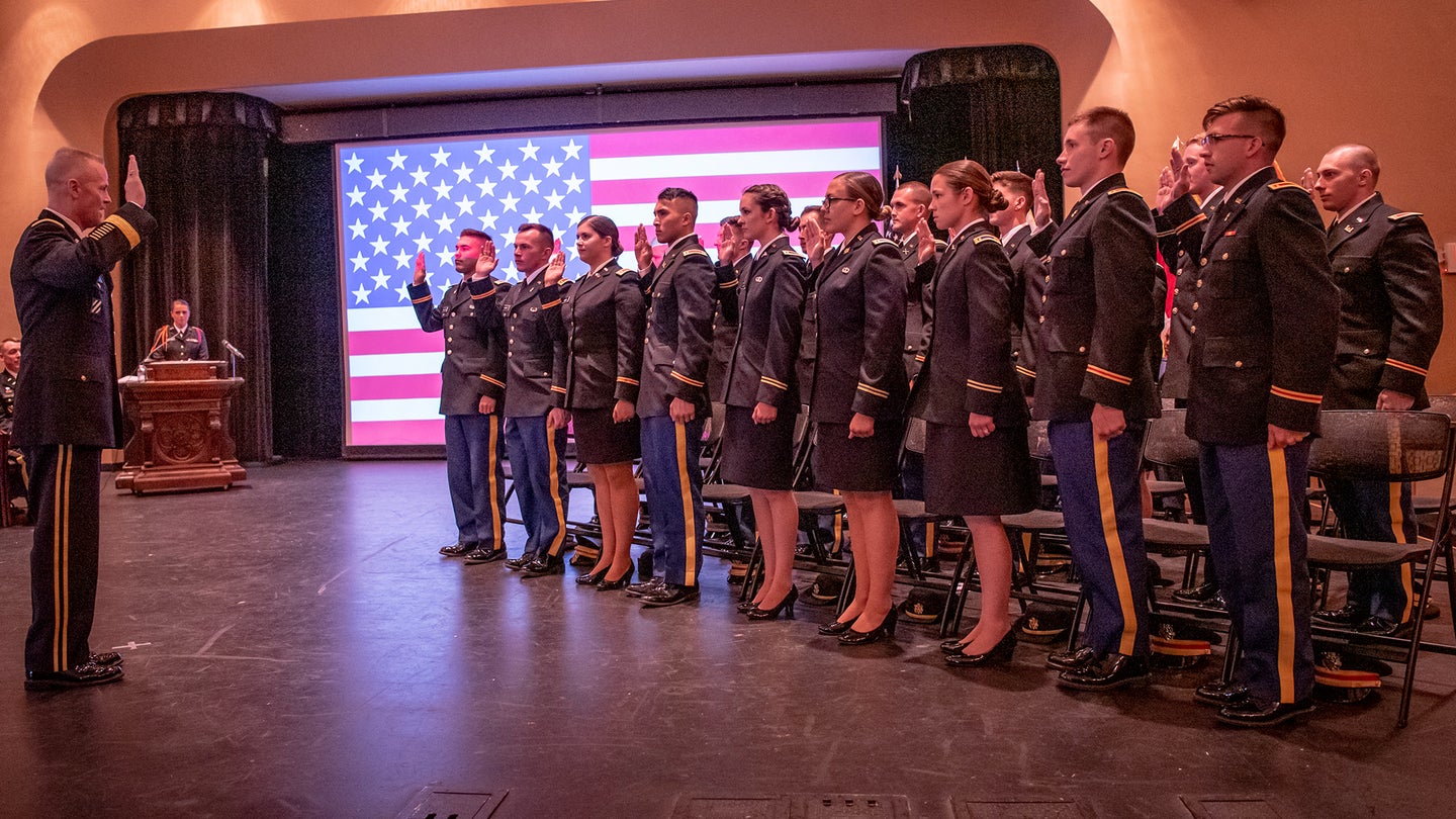U.S. Army Lt. Gen. Thomas James Jr, commander of First Army, administers the oath of office to Clemson University Reserve Officers’ Training Corps students during a commissioning ceremony in Tillman Hall, May 8, 2019. (Ken Scar/U.S. Army Cadet Command)