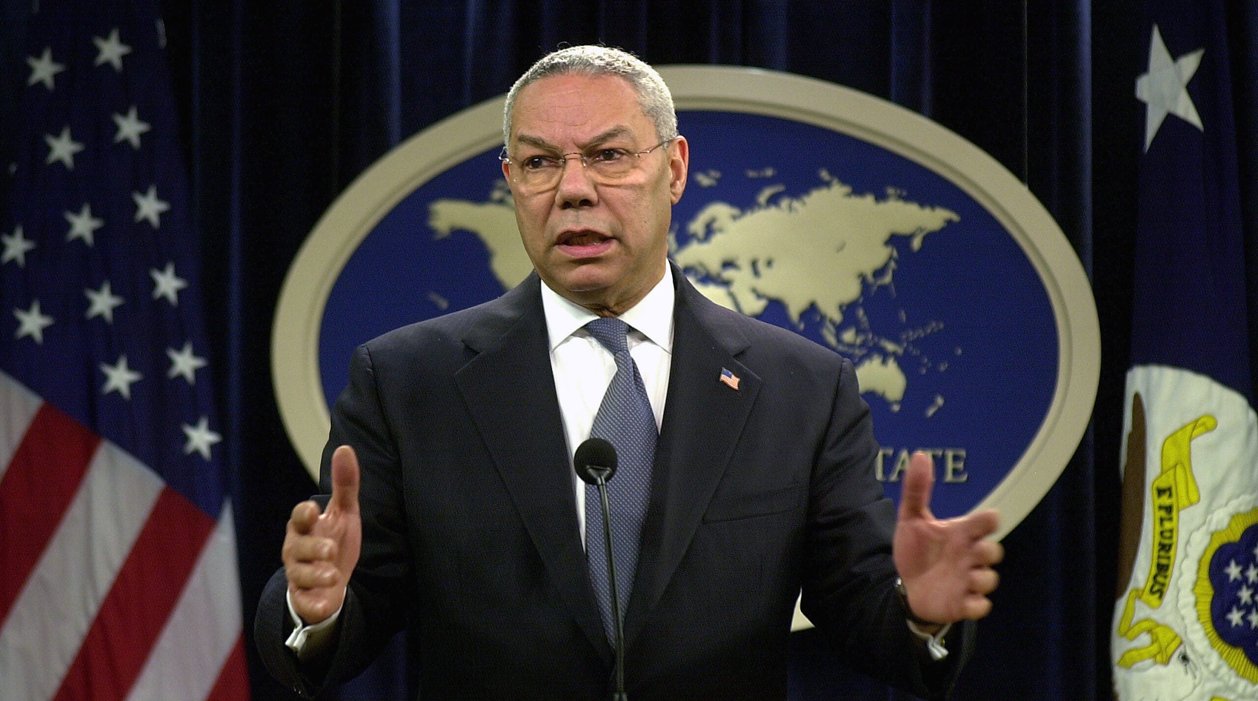 WASHINGTON - MARCH 31:  U.S. Secretary of State Colin Powell speaks at the State Department March 31, 2003 in Washington, D.C. Powell  travels to Ankara, Turkey April 1 in an effort to patch up relations after the U.S. was initially refused permission to base land troops there ahead of the Iraq war. From there, Powell is scheduled to travel to Brussels, Belgium April 3  for a round of talks with European leaders.  (Photo by Stefan Zaklin/Getty Images)