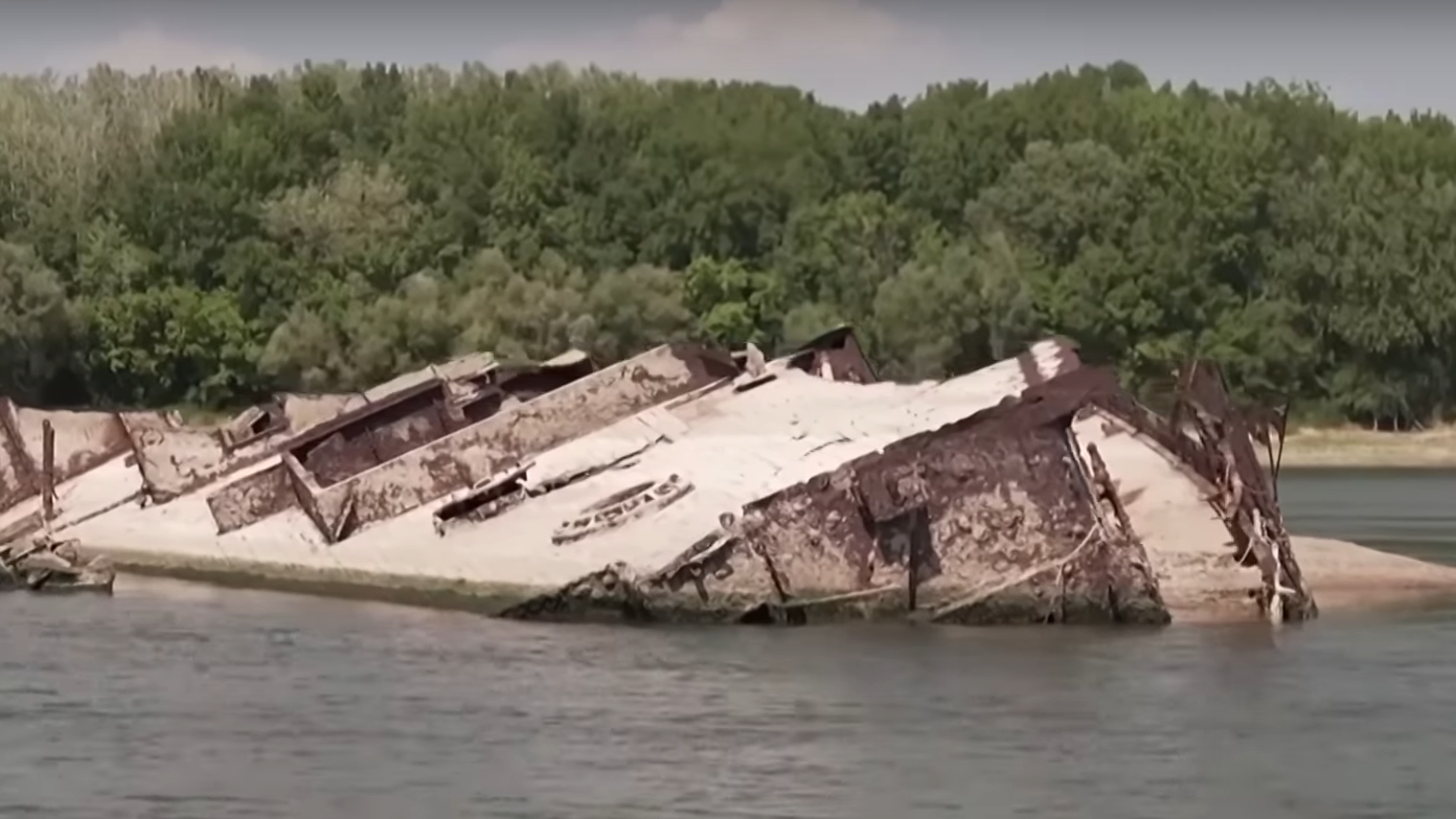 One of the sunken Nazi ships in the Danube River. (Screenshot via Global News)