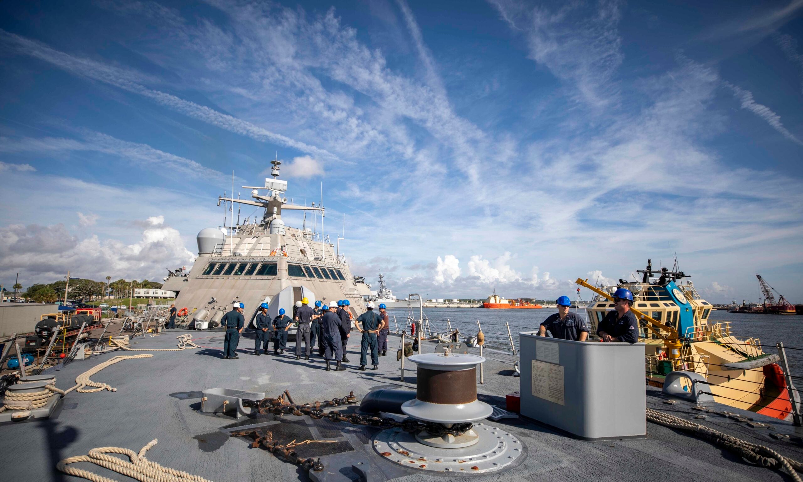 NAVAL STATION MAYPORT - (June 30, 2021) – Sailors man their station on the fo’c’sle during a sea and anchor evolution aboard the Freedom-variant littoral combat ship USS Billings (LCS 15), as the ship departs for its maiden deployment, June 30, 2021. During the deployment to the U.S. Southern Command's area of responsibility, Billings, with embarked helicopter and USCG law enforcement detachment, will support Joint Interagency Task Force South's mission, which includes counter-illicit drug trafficking in the Caribbean and Eastern Pacific. (U.S. Navy photo by Mass Communication Specialist 3rd Class Austin G. Collins/Released)