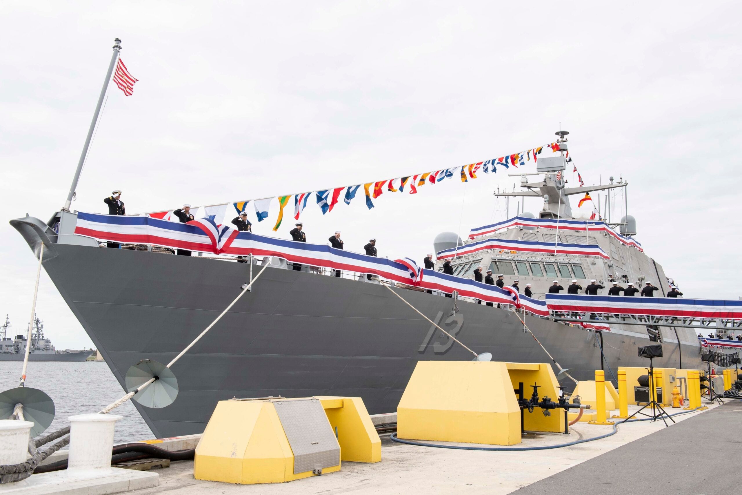 MAYPORT, Fla. (Jan. 12, 2019) The crew of the Navy's newest littoral combat ship USS Wichita (LCS 13), bring the ship to life during its commissioning ceremony, at Naval Station Mayport, Jan. 12. LCS 13 is the fourteenth littoral combat ship to enter the fleet and the seventh of the Freedom variant. It is the third Navy combat ship named after Wichita, the largest city in Kansas.

(U.S. Navy photo by Mass Communication Specialist 3rd Class Alana Langdon/Released)