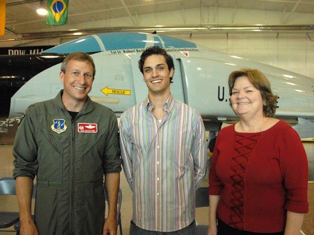 From left to right Col. Robert J. Becklund flew the F-4 that delivered the transplant heart, Andrew De La Pena is the heart recipient, and Marguerite E. Brown, RN, MSN, is a member of the team that recovered the heart. June 26, 2007 (Senior Master Sgt. David Lipp/U.S. Air National Guard)