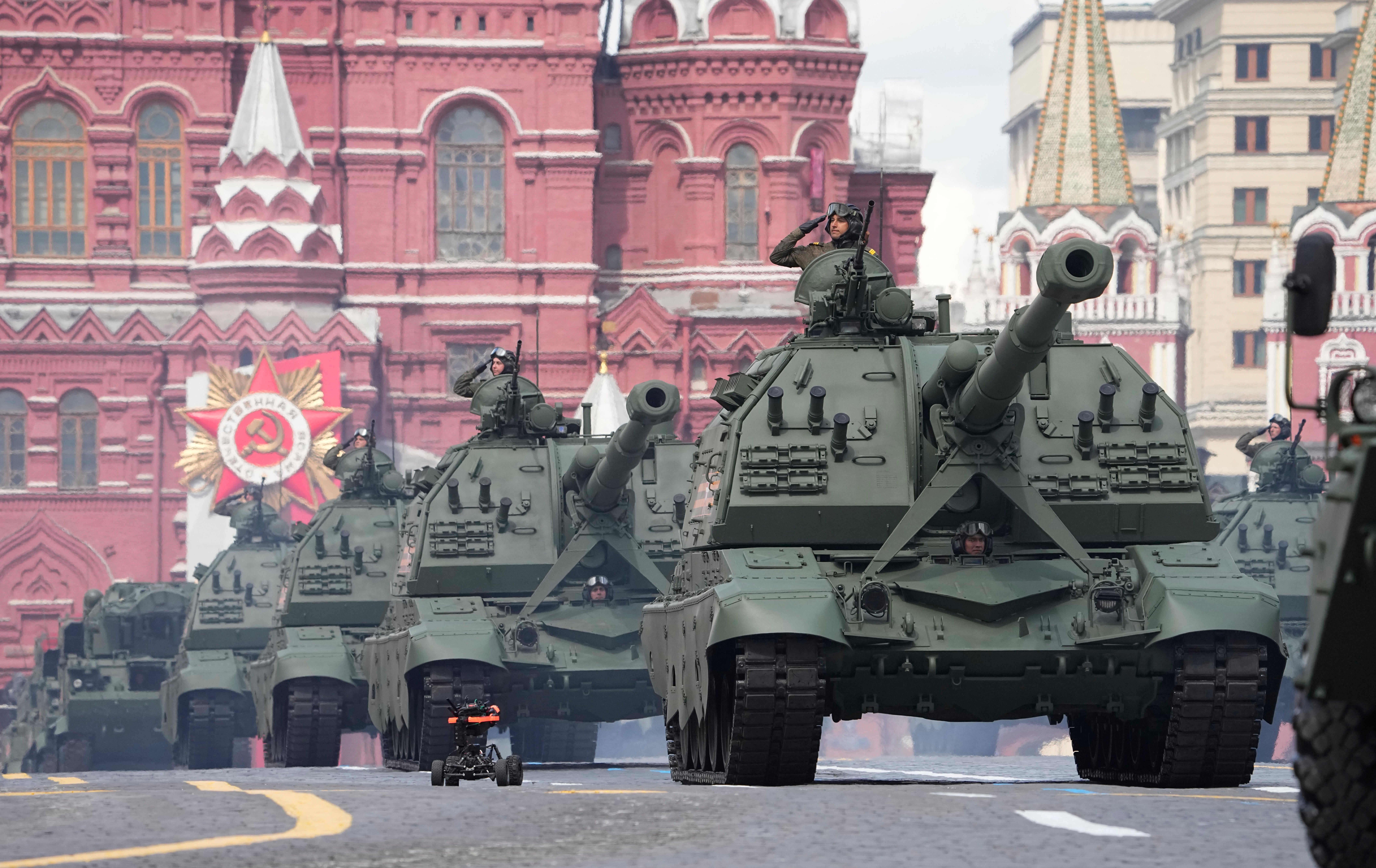 Russian self-propelled artillery vehicles roll during the Victory Day military parade in Moscow, Russia, Monday, May 9, 2022, marking the 77th anniversary of the end of World War II. (AP Photo/Alexander Zemlianichenko)