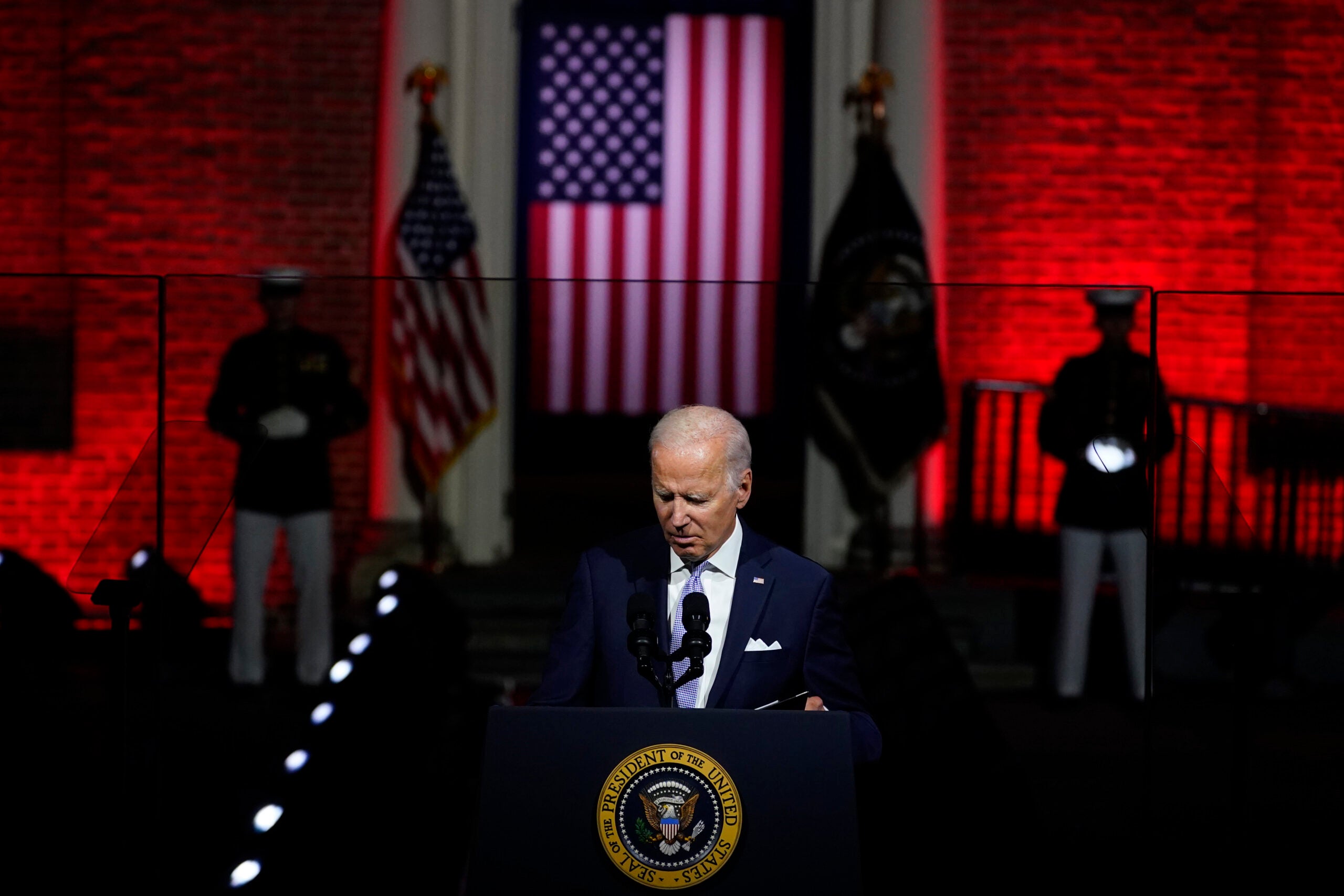 President Joe Biden closes his binder as he finishes speaking outside Independence Hall, Thursday, Sept. 1, 2022, in Philadelphia. (AP Photo/Matt Slocum)