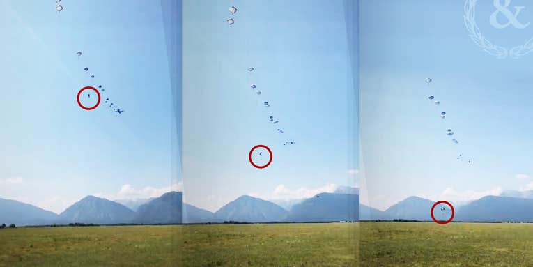 Video shows paratrooper pull their reserve parachute right before impact, narrowly avoiding disaster