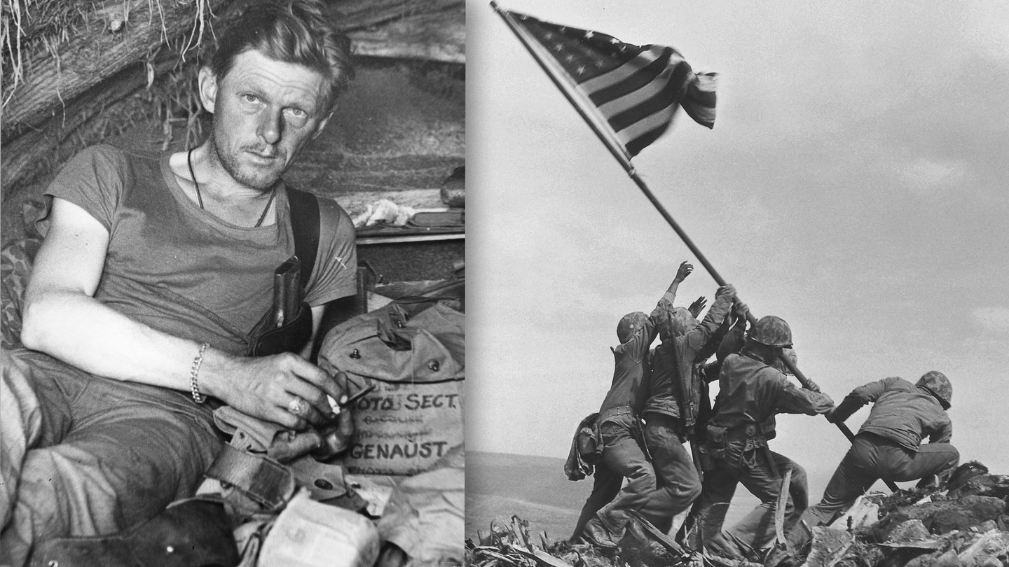 Left: Portrait of Marine Corps combat photographer Sgt. William H. Genaust, early to mid 1940s. (Getty Images) Right: Marines raise the U.S. flag on the summit of Mount Suribachi in the middle of the Battle of Iwo Jima at Iwo Jima, Japan, Feb. 23, 1945. (Joe Rosenthal)