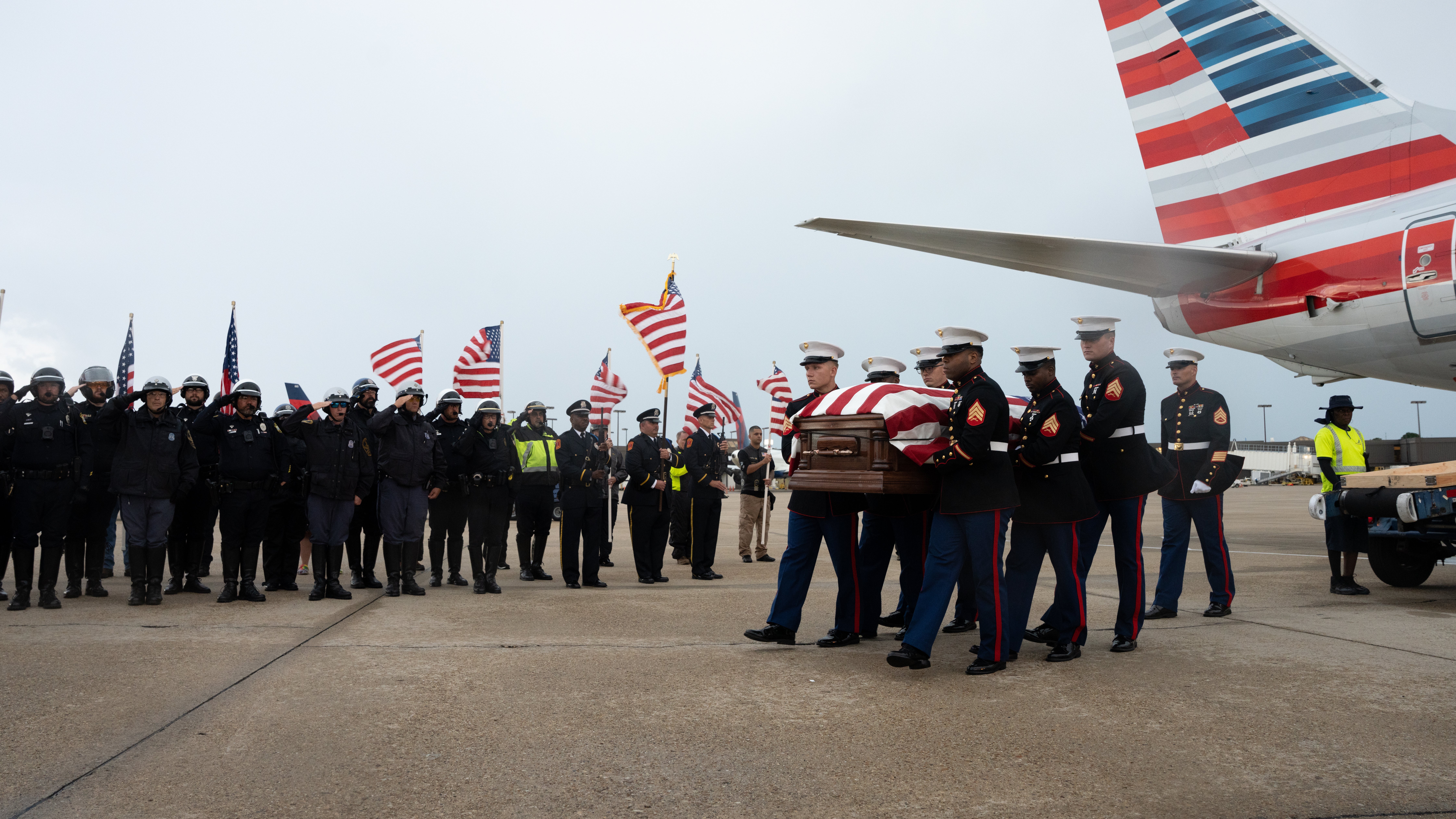 U.S. Marines from 4th Assault Amphibian Battalion, 4th Marine Division transfer the dignified remains of U.S. Marine Corps Cpl. Jack Brown at Norfolk International Airport, Va., Aug 10, 2022. The U.S. Marine was identified and recovered during the Defense POW/MIA Accounting Agency (DPAA) investigative efforts to locate and identify remains of fallen heroes. Brown was posthumously awarded the Bronze Star and Purple Heart for his acts of valor and giving the ultimate sacrifice during the Battle of Saipan in World War II. (U.S. Marine Corps photo by Cpl. Hannah Adams)