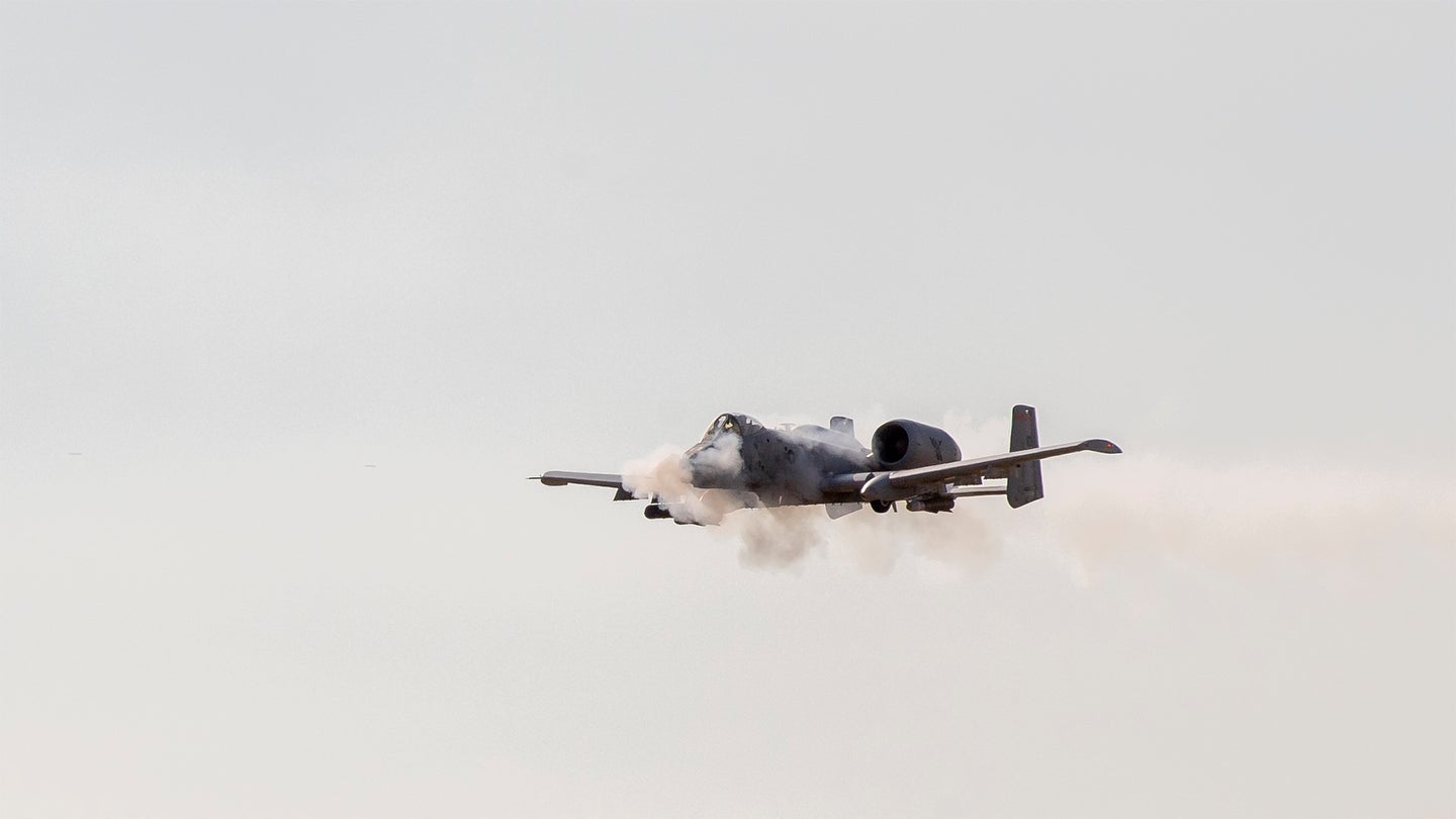 An A-10 Thunderbolt II, from the Idaho National Guard’s 124th Fighter Wing, Boise, Idaho, performs a strafing run during the Hawgsmoke 2022 gunnery competition at the Saylor Creek Bombing Range, south of Mountain Home, Idaho, Sept. 8, 2022. The competition traces its heritage back to 1949 and the Gunsmoke gunnery competition. (Senior Master Sgt. Joshua C. Allmaras/U.S. Air National Guard)