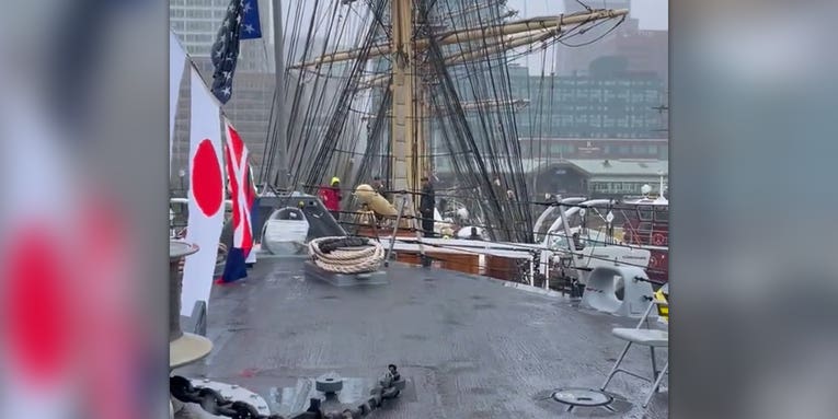 ‘Oh no, oh no.’ Watch a Danish training ship crash into a US Navy warship