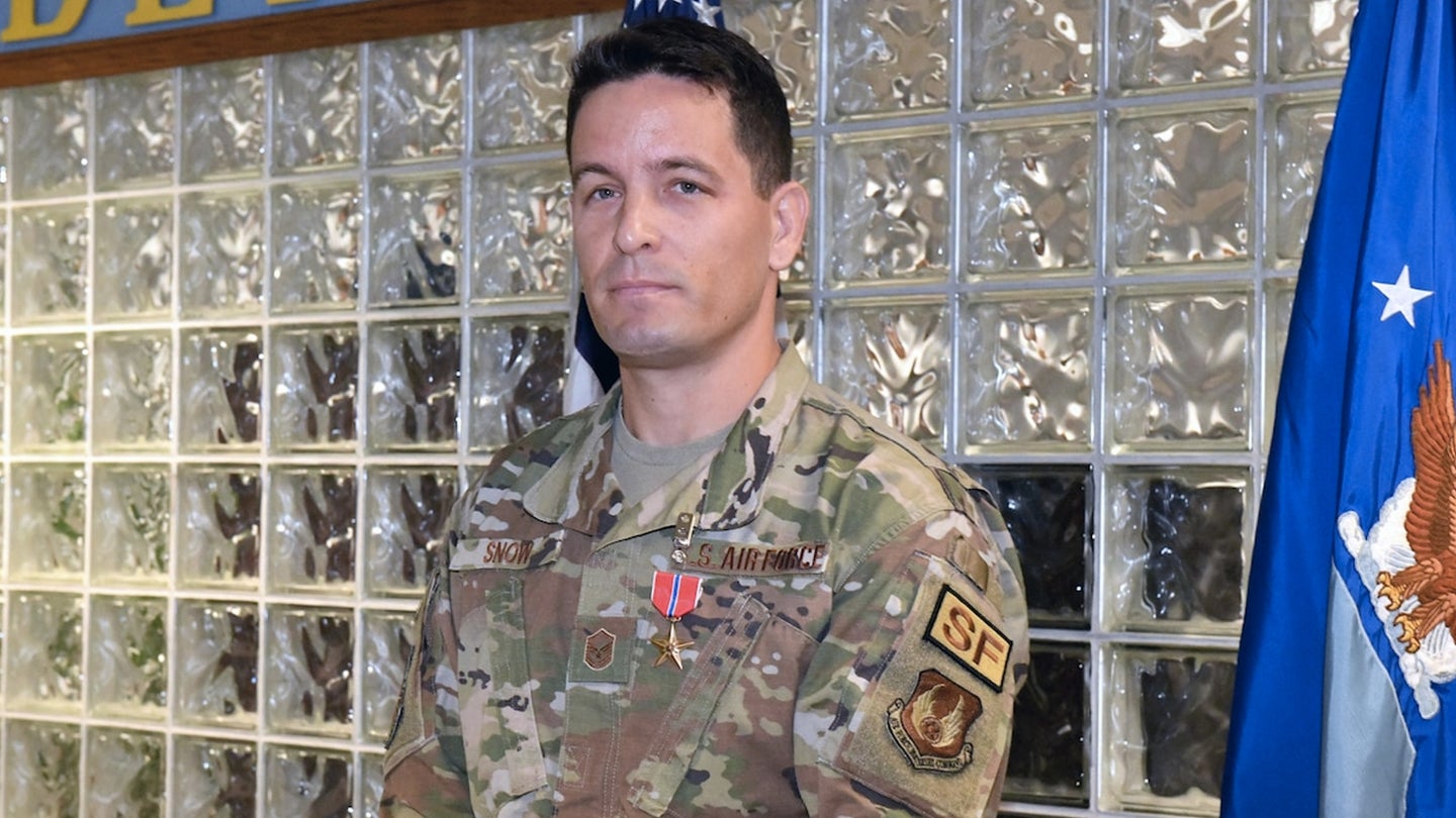 Master Sgt. Mathue Snow, 78th Security Forces Squadron, was awarded the Bronze Star Medal at Robins Air Force Base, Georgia, Sept. 9, 2022. (Rodney Speed/U.S. Air Force)