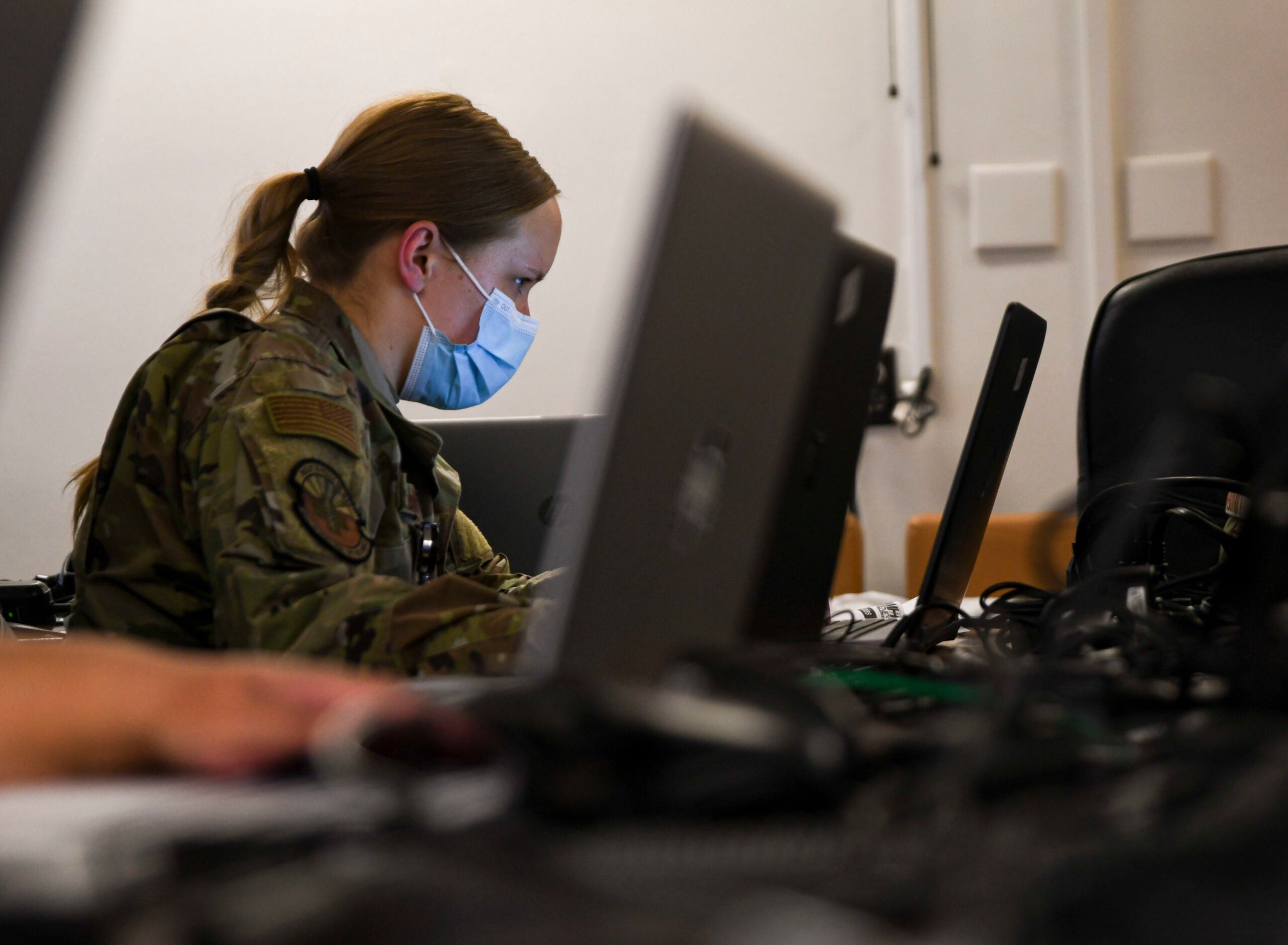 Airman 1st Class Jenna Slaughter, 355th Mental Health technician, works on a task during Military Health System GENESIS training at Davis-Monthan Air Force Base, Arizona, April 7, 2021. The 355th Medical Group is implementing MHS GENESIS in order to enhance its ability to provide healthy combat forces and trusted healthcare to the Desert Lighting Team. (U.S. Air Force photo by Senior Airman Blake Gonzales)