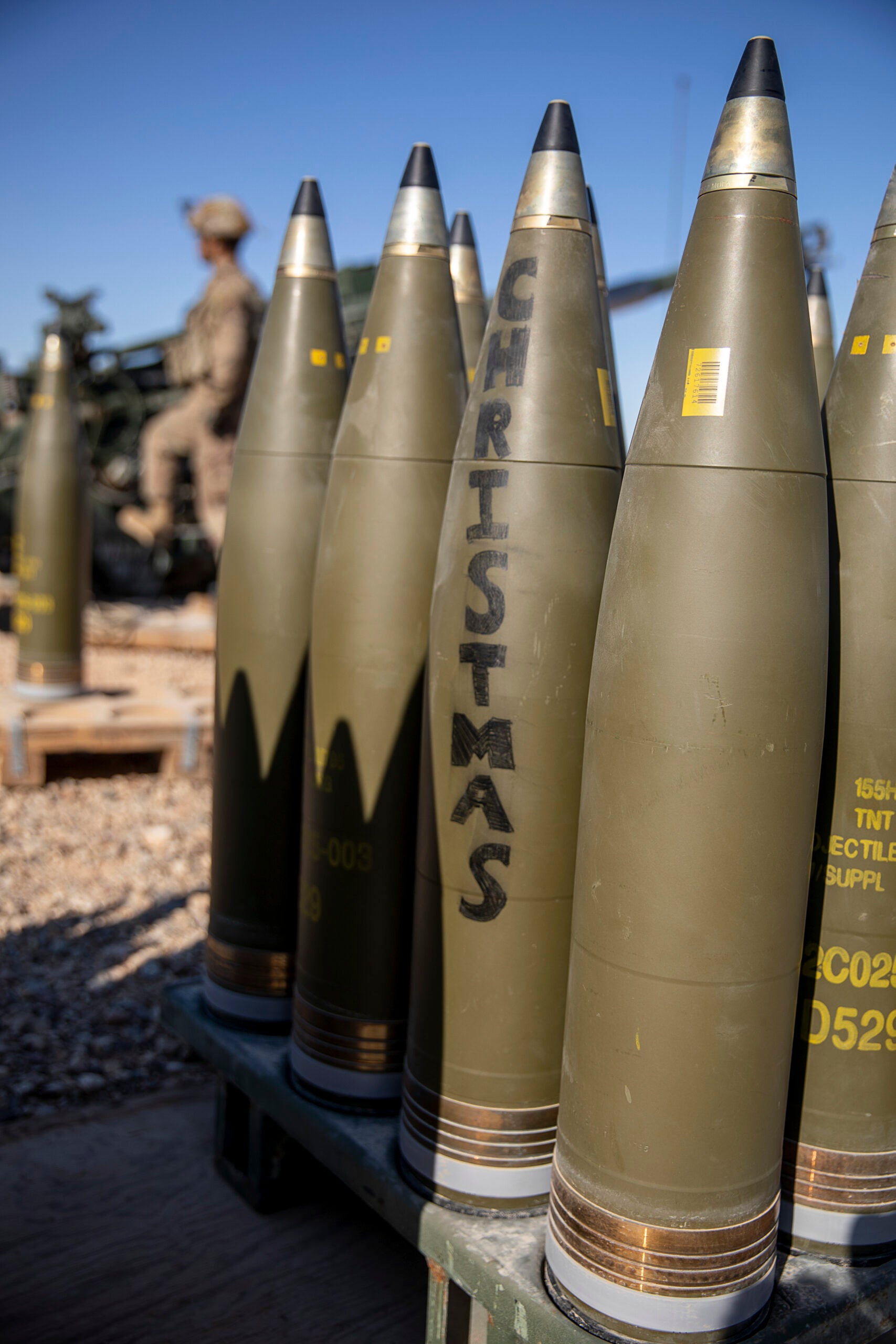 Multiple 155mm rounds are displayed during an M777 towed 155mm howitzer live-fire exercise at Al Asad Air Base, Iraq, March 2, 2020. These drills enhance base defense operations to provide better security for U.S. forces in Iraq. Combined Joint Task Force-Operation Inherent Resolve and its partners remain united to prevent the resurgence of Daesh and its violent extremist ideology. (U.S. Army photo by Spc. Derek Mustard)