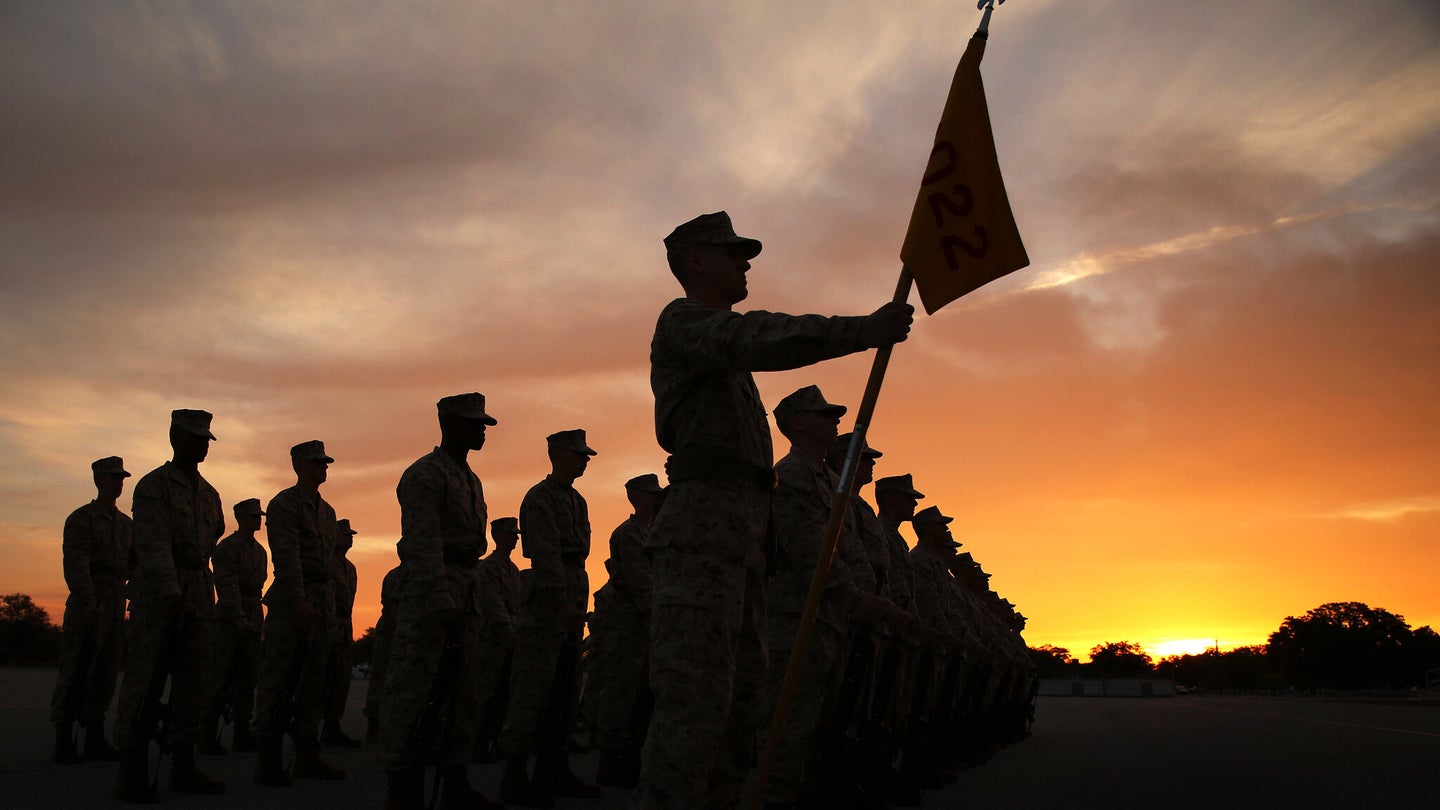 Recruits stand in formation during their initial drill evaluation Feb. 10, 2014, at Marine Corps Recruit Depot Parris Island, S.C. (Cpl. Octavia Davis/U.S. Marine Corps)