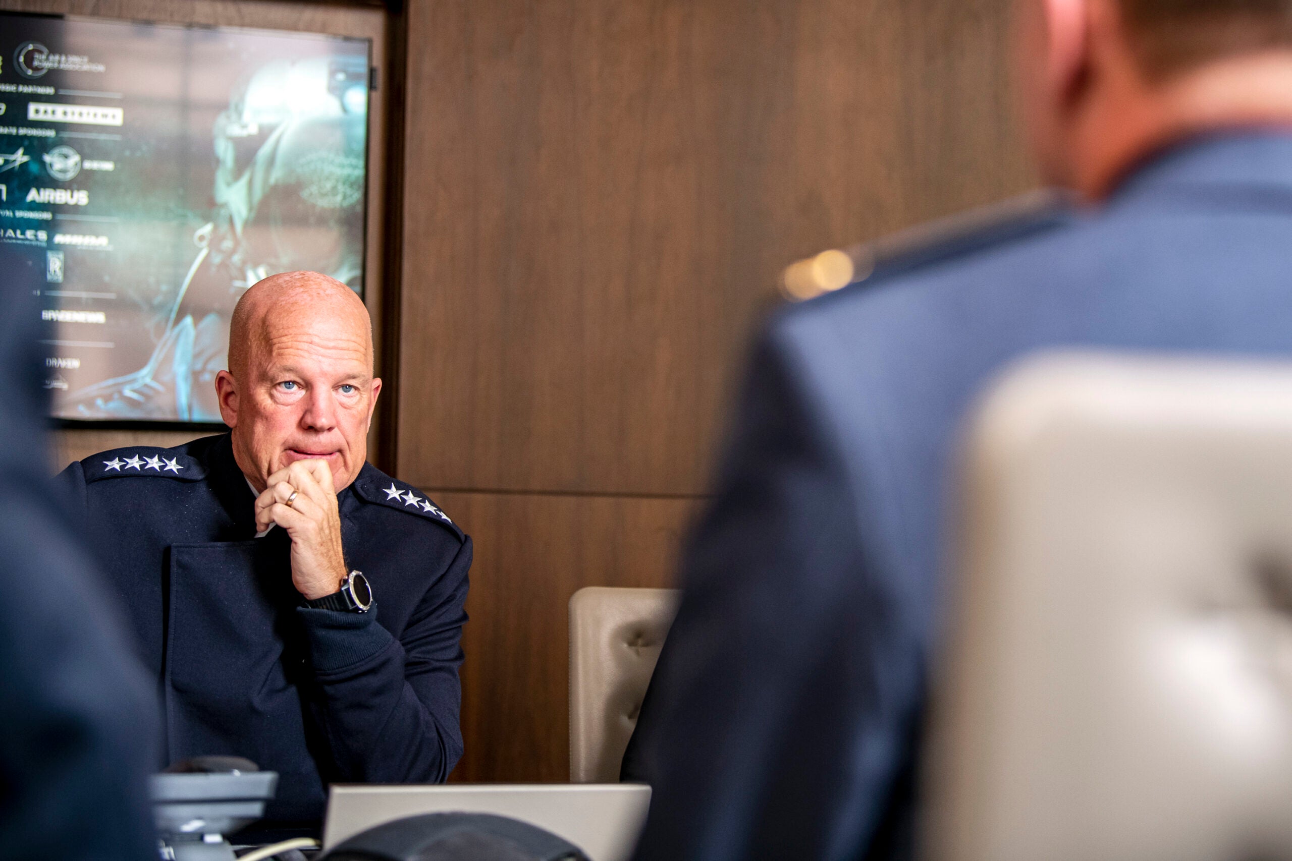 Gen. John W. “Jay” Raymond, Chief of Space Operations, speaks with leadership from the Royal Air Force during the Global Air and Space Chiefs Conference in London, England, July 13, 2022. During the GASCC, Raymond served as a keynote speaker and discussed maintaining our edge in space as well as the Department of the Air Force commitment to NATO allies and European security. (U.S. Air Force photo by Staff Sgt. Eugene Oliver)