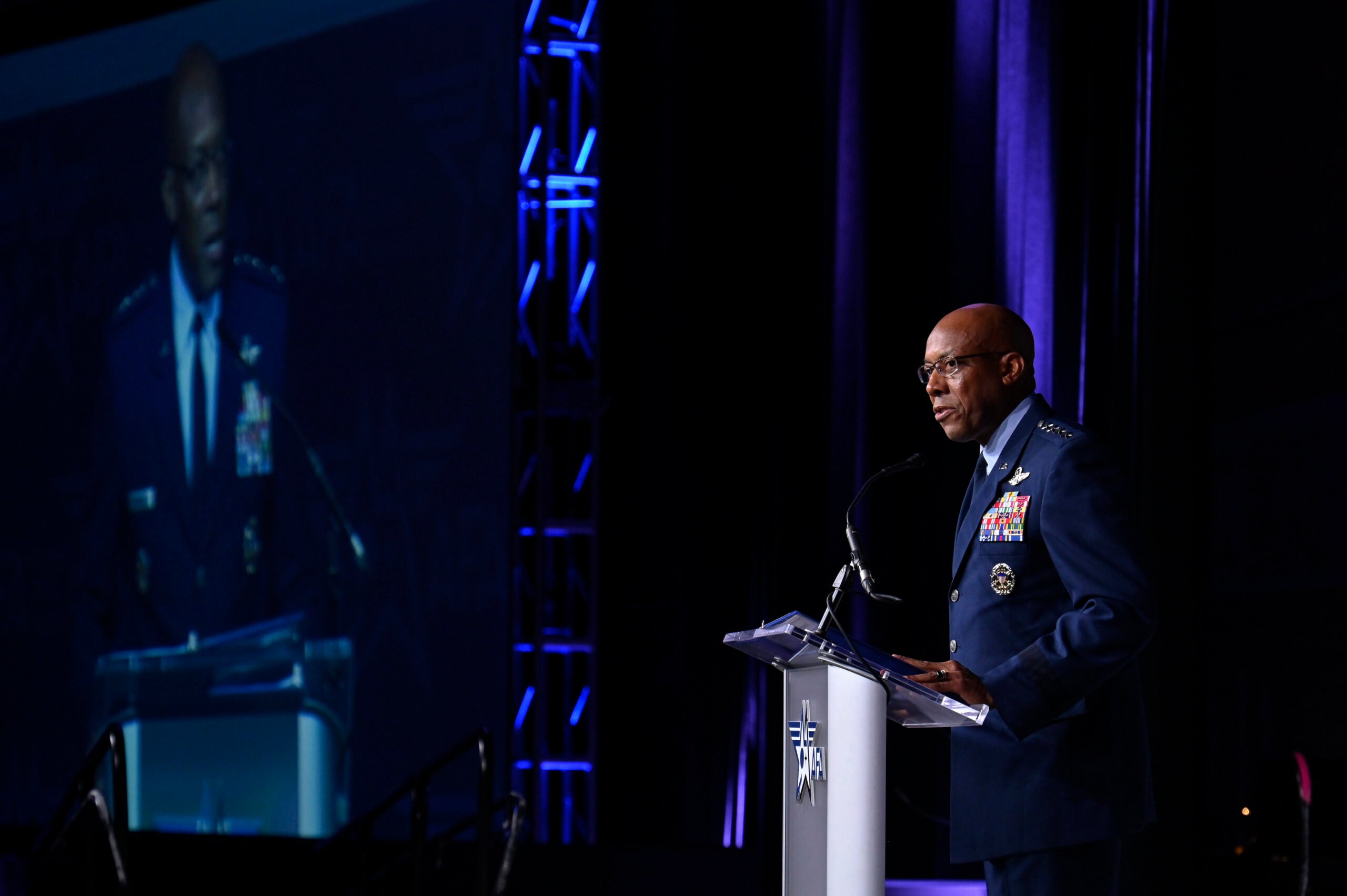 Air Force Chief of Staff Gen. CQ Brown, Jr. delivers a keynote address on the state of the Air Force during the 2022 Air, Space and Cyber Conference in National Harbor, Md., Sept. 19, 2022. (U.S. Air Force photo by Eric Dietrich)