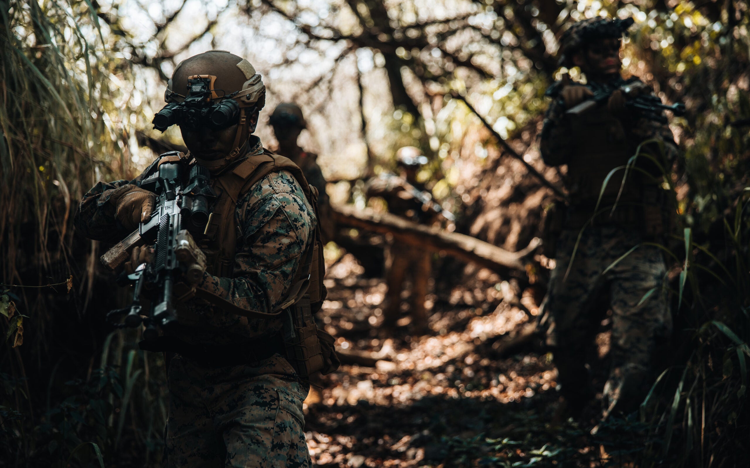 U.S. Marines with 3d Littoral Combat Team, 3d Marine Littoral Regiment, 3d Marine Division, conduct a combat patrol at Marine Corps Training Area Bellows, Hawaii, during Exercise Bougainville I, Aug. 17, 2022. Bougainville I allows fire teams and squads with 3d LCT to rehearse small unit cohesion, lethality, and survivability to set conditions for company offensive, defensive, and Expeditionary Advanced Base Operations during future exercises. (U.S. Marine Corps photo by Cpl. Patrick King)