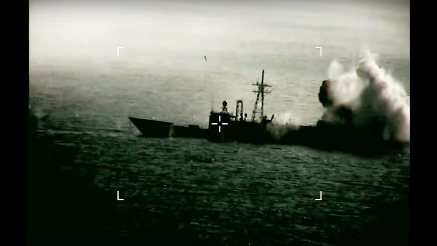 The ex-USS Boone seconds before a missile hits the ship in the Atlantic Thunder SINKEX. (Screenshot via DVIDS)