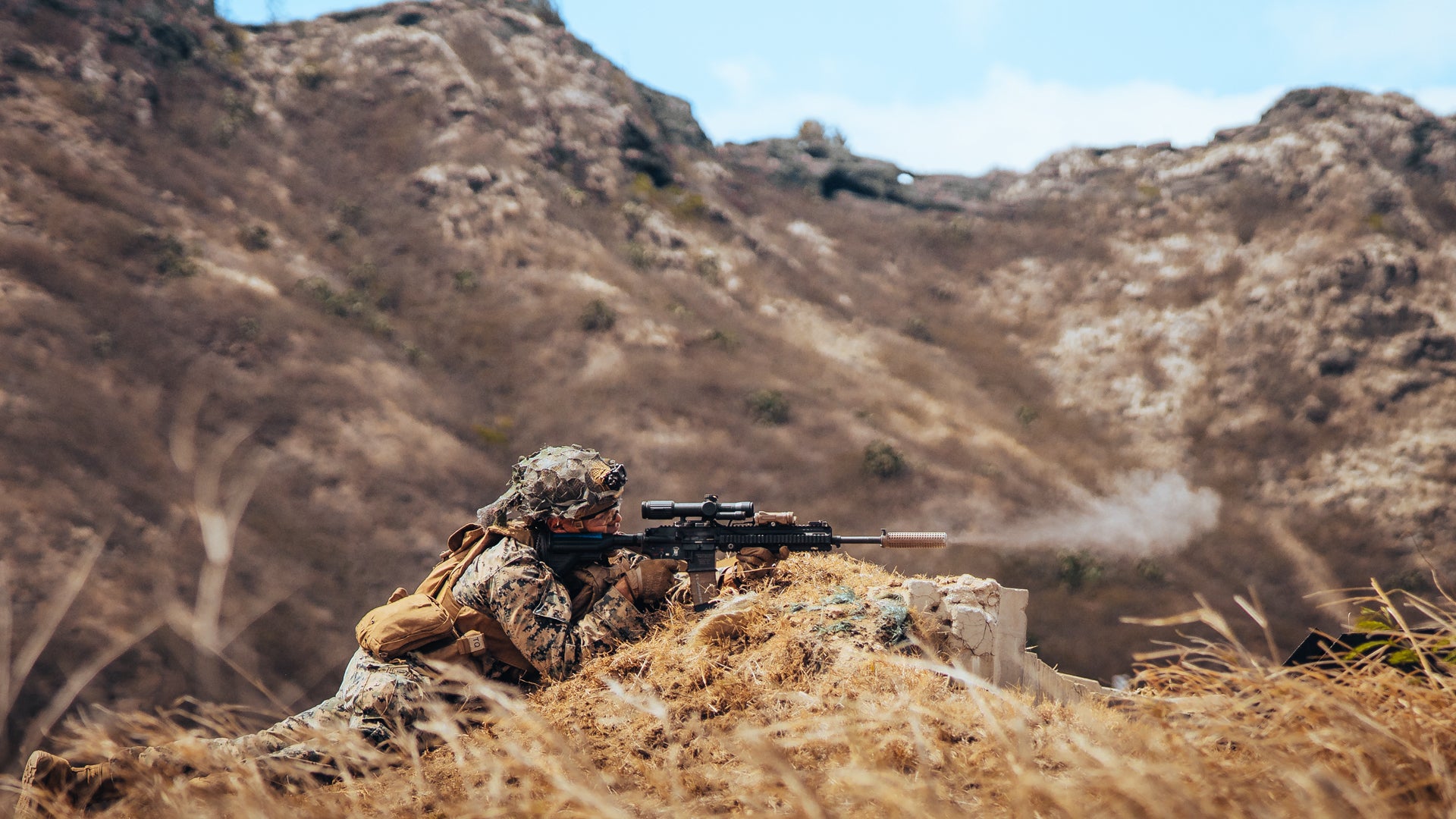 A U.S. Marine with 3d Littoral Combat Team, 3d Marine Littoral Regiment, 3d Marine Division, fires down range during a live-fire range for Bougainville I at Marine Corps Base Hawaii, Aug. 31, 2022. (Cpl. Patrick King/U.S. Marine Corps)