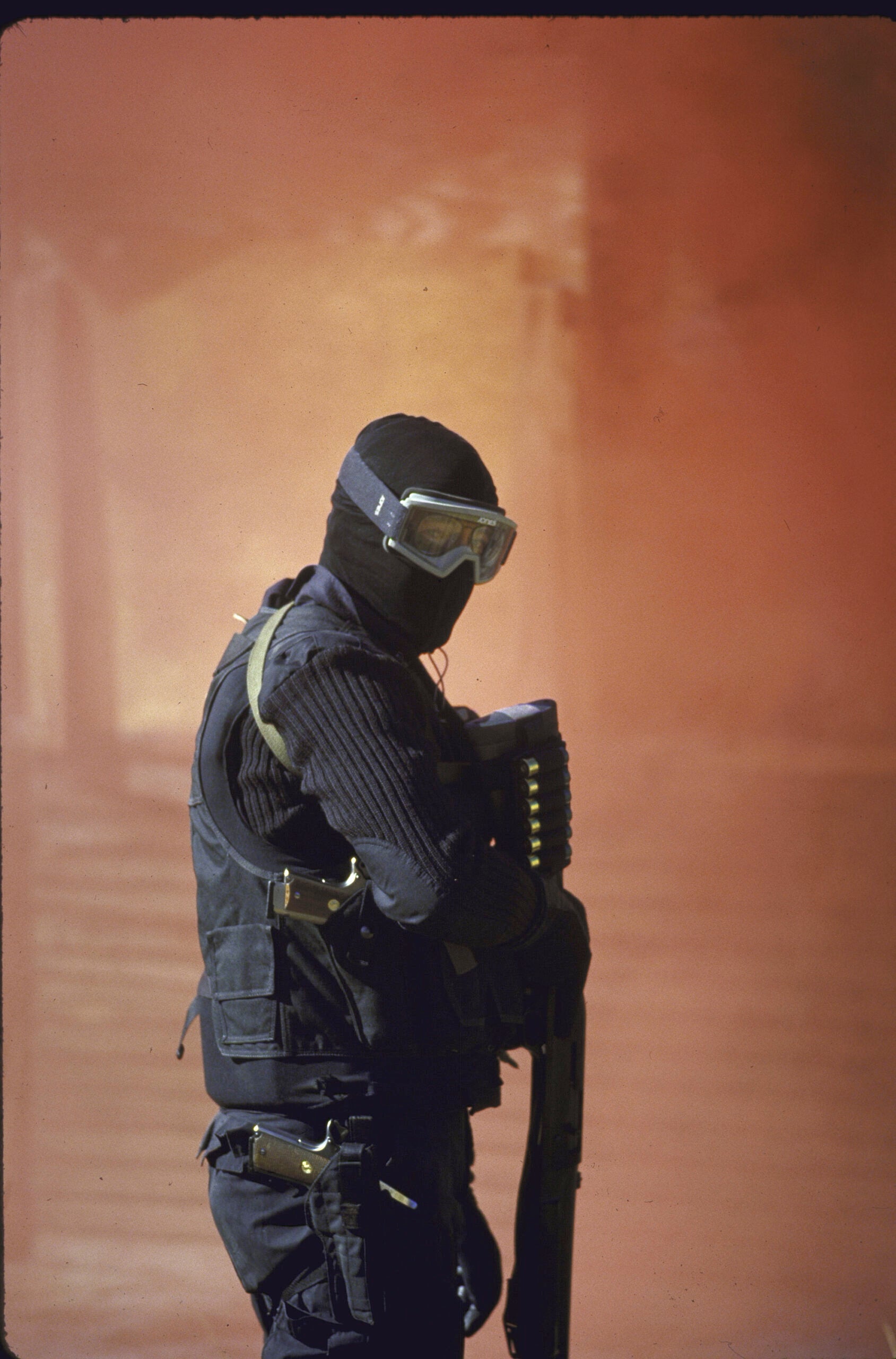 Anti-nuclear terrorist team entrusted with moving government's nuclear arsenal around country; in action during simulated attack, with guns, wearing black combat garb, face masks and protective goggles.    (Photo by Steve Northup/Getty Images)
