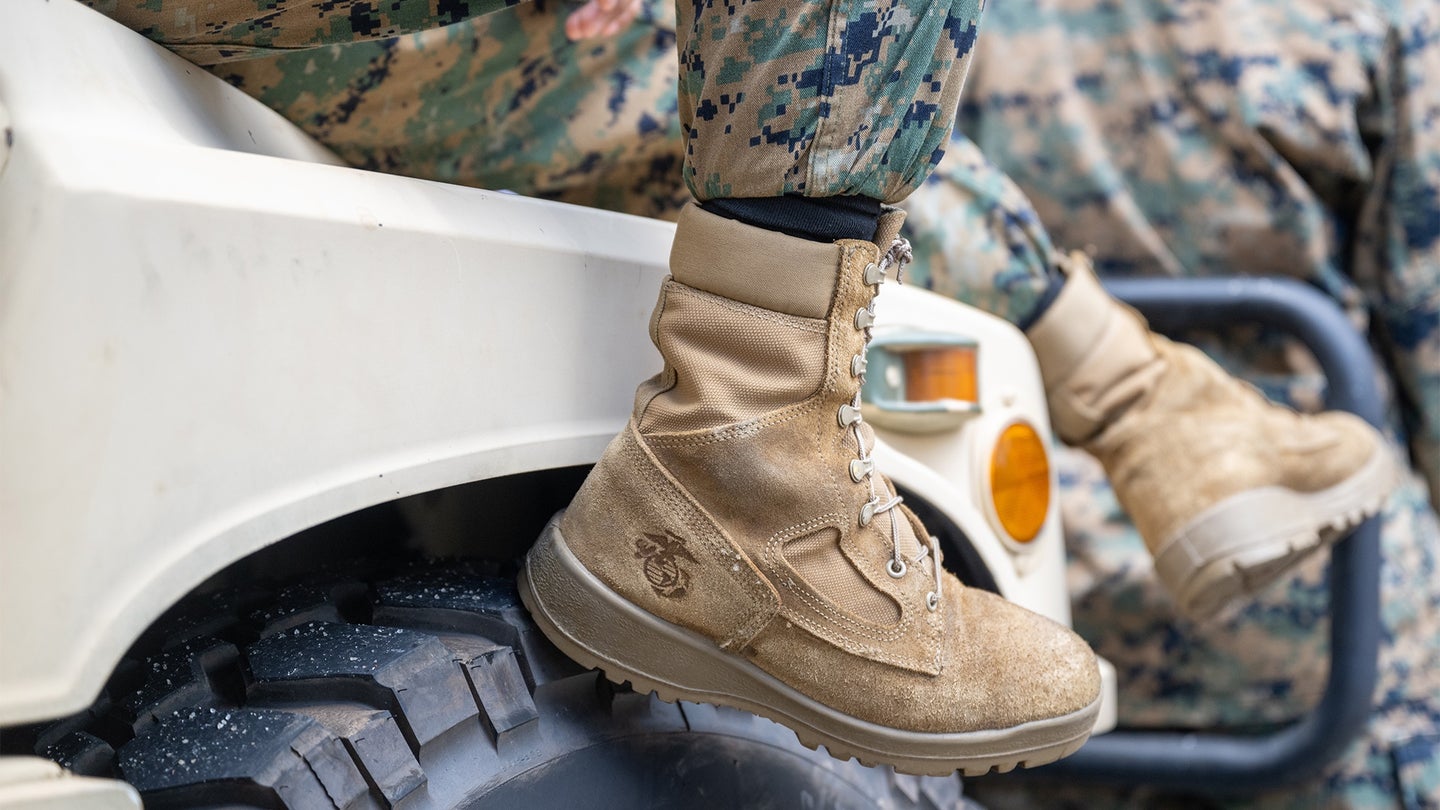 A close up of a US Marine's boot with the marines emblem etched in the side at the Northwell Health Side by Side: A Celebration of Service event in Flatiron on May 28, 2022 in New York City. (Alexi Rosenfeld/Getty Images)
