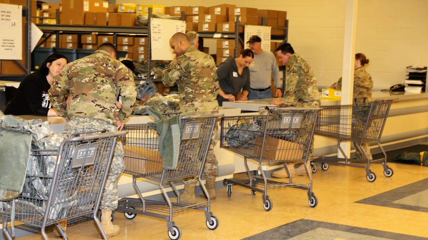 Soldiers at Fort McCoy, Wis., for training in Operation Cold Steel II are issued training and cold-weather equipment at the Logistics Readiness Center Central Issue Facility (CIF) on Feb. 27, 2018. (U.S. Army Photo by Scott T. Sturkol, Public Affairs Office, Fort McCoy, Wis.)