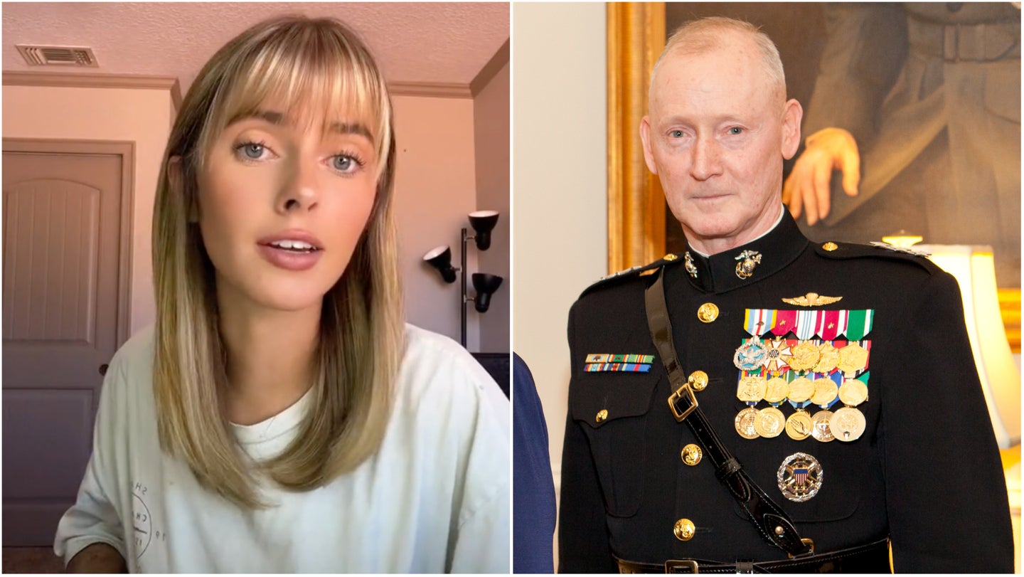 L: A screenshot of Emily Zeck on TikTok. Right: Then-U.S. Marine Corps Deputy Commandant for Plans, Policies and Operations Lt. Gen. Richard T. Tryon during an Evening Parade reception May 10, 2013, at Marine Barracks Washington (MBW) in Washington, D.C. (Cpl. Tia Dufour/U.S. Marine Corps)