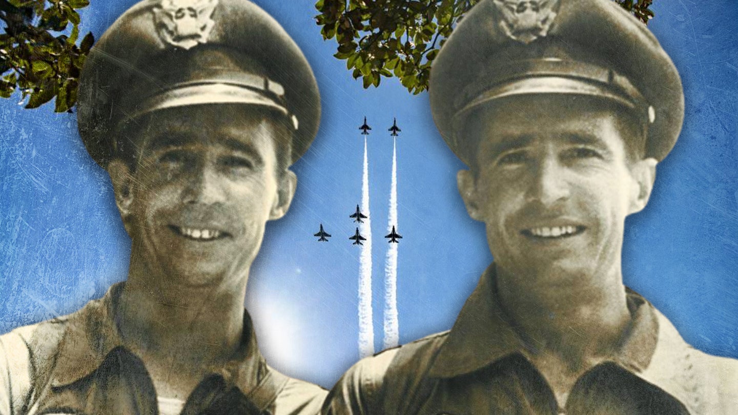 A photo composite showing Air Force pilots Lt. Gen. Charles “Buck” Pattillo, left and Maj. Gen. Cuthbert “Bill” Pattillo, right, along with an image of the Air Force Thunderbird’s first dual "missing man" flyover. (Photo of Pattillo brothers by U.S. Air Force; Photo of "missing man" formation by Elizabeth Fraser/U.S. Army)